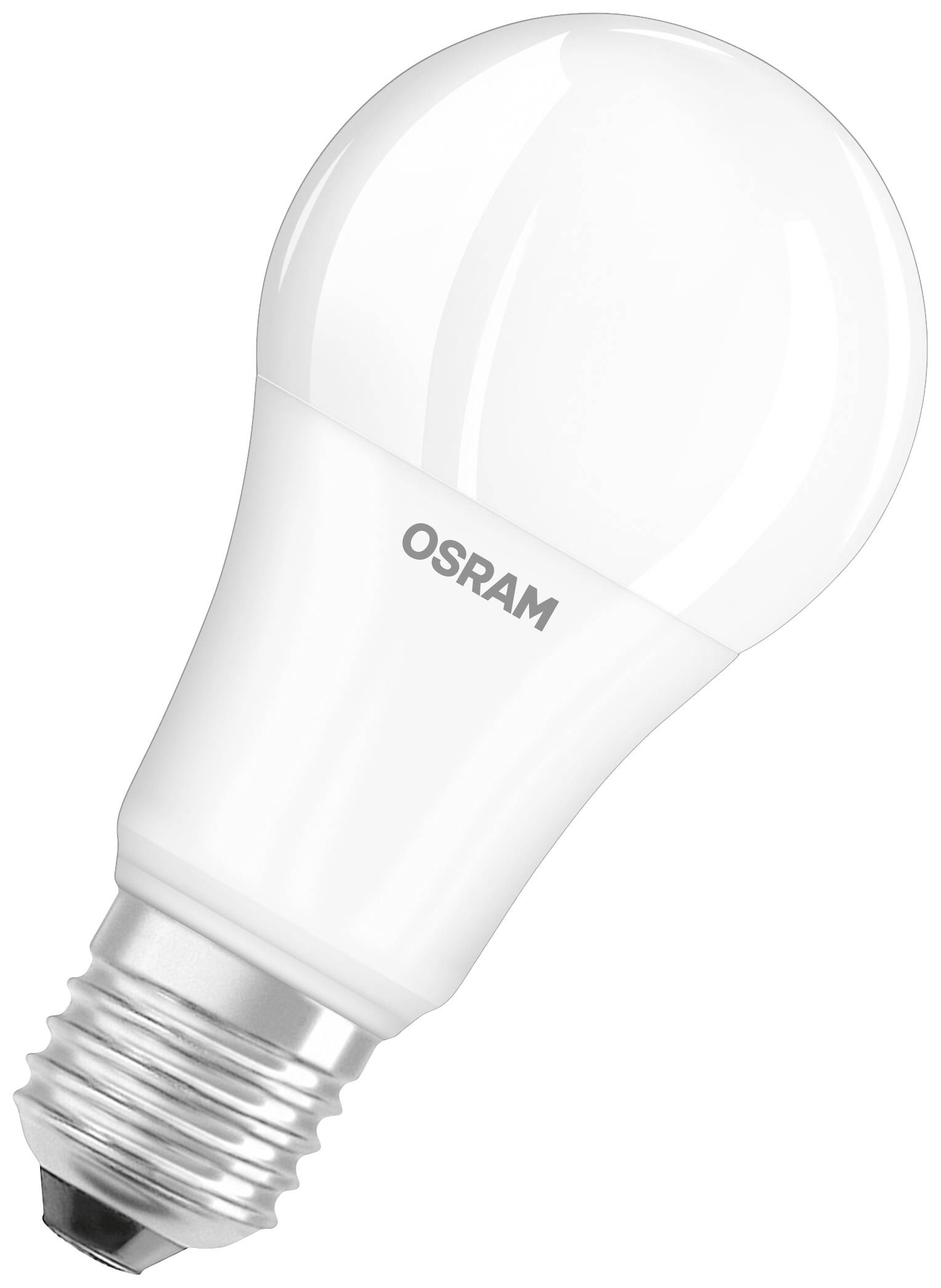 Bílá LED žárovka se závitem. Na žárovce je nápis "OSRAM". Má hladký, lesklý povrch.