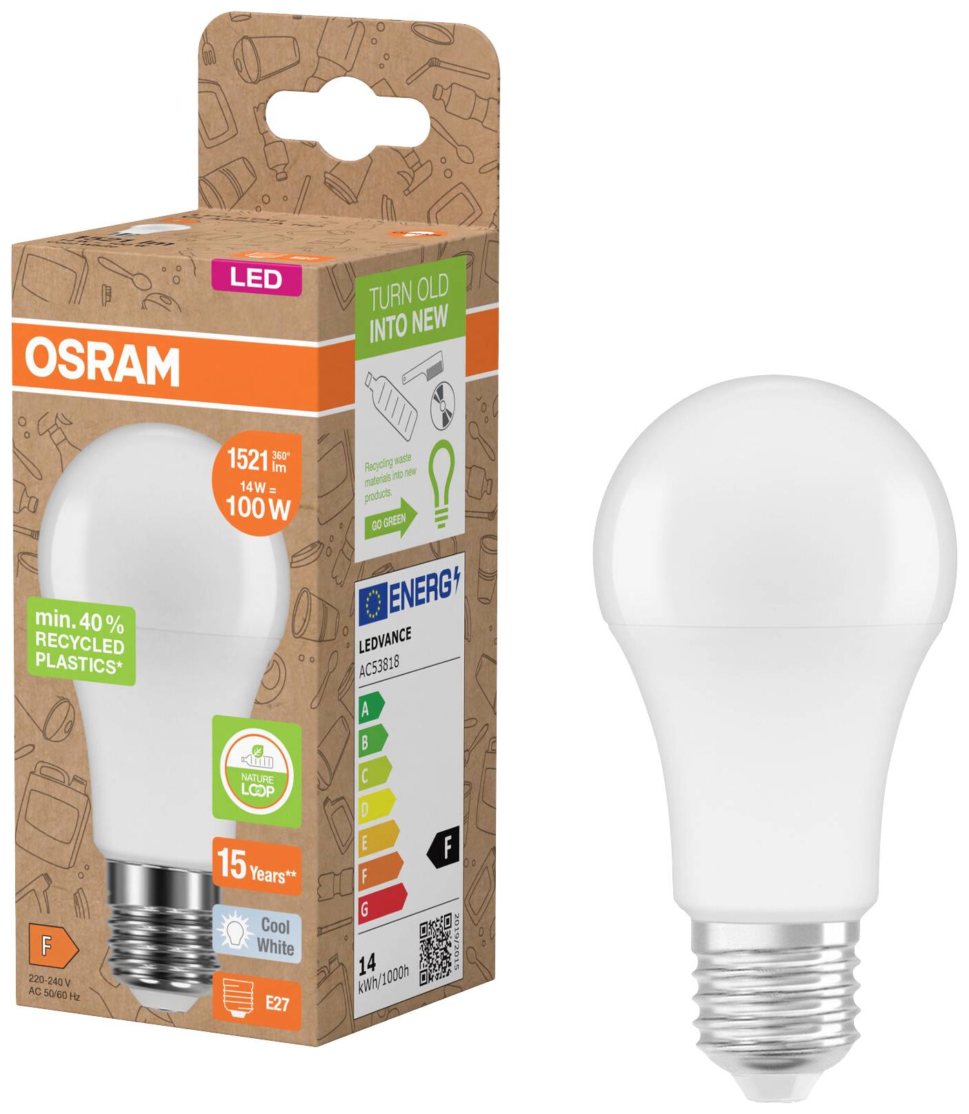 LED žárovka Osram s obalem; LED, 1521 lumenů, 14W nahrazuje 100W, patice E27, obsahuje min. 40% recyklovaného plastu, energetická třída F.