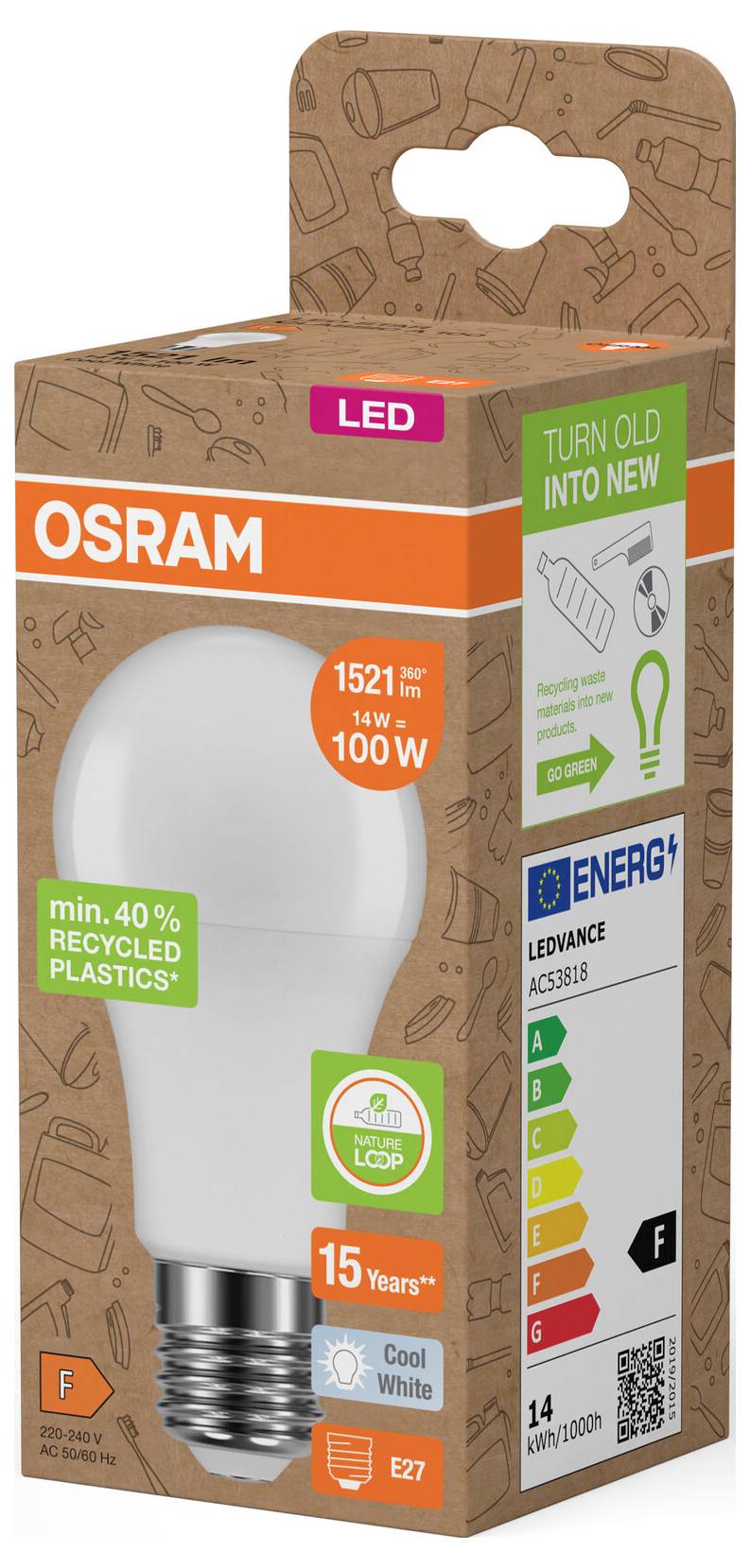 Balení LED žárovky OSRAM zobrazující „Změní staré v nové", „1521 lm", „14 W = 100 W", „15 let" a štítek energetické třídy.