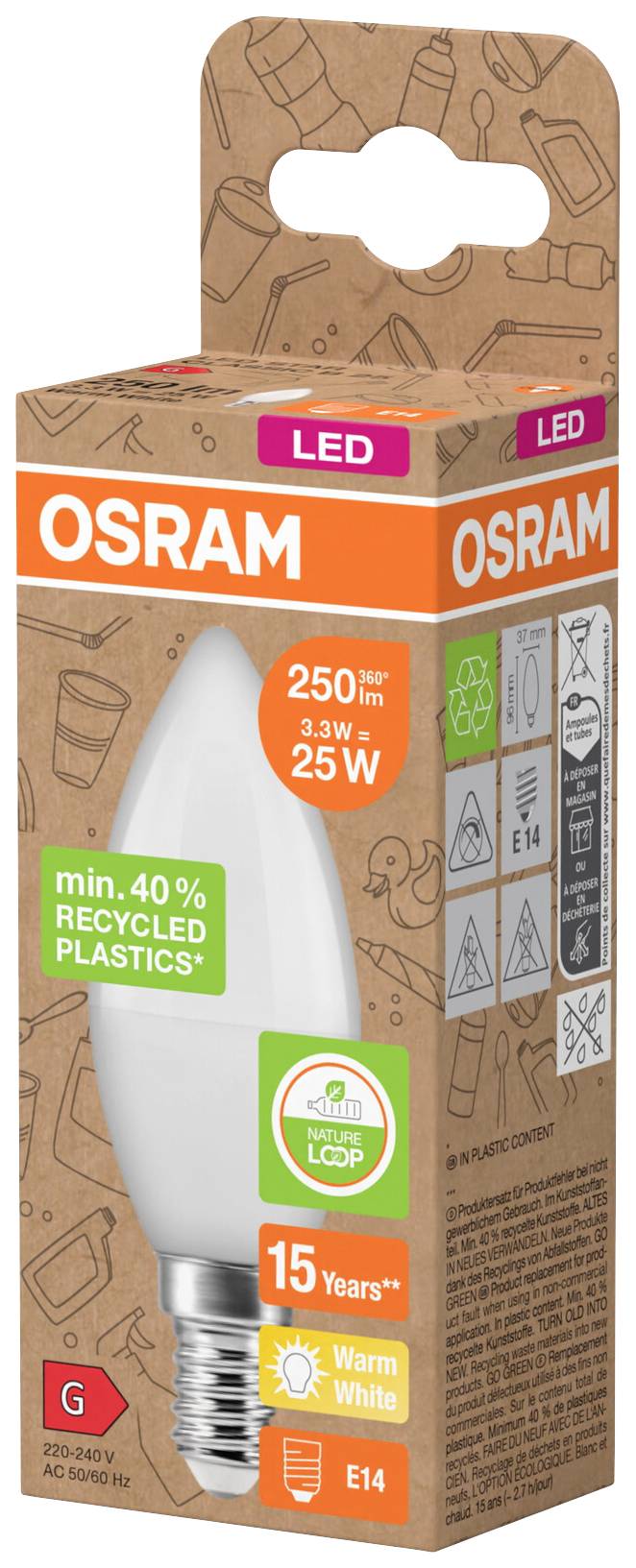 Obal zobrazuje LED žárovku OSRAM, 250 lm, 3,3 W (odpovídá 25 W), teplá bílá. Obsahuje 40 % recyklovaného plastu, patice E14.