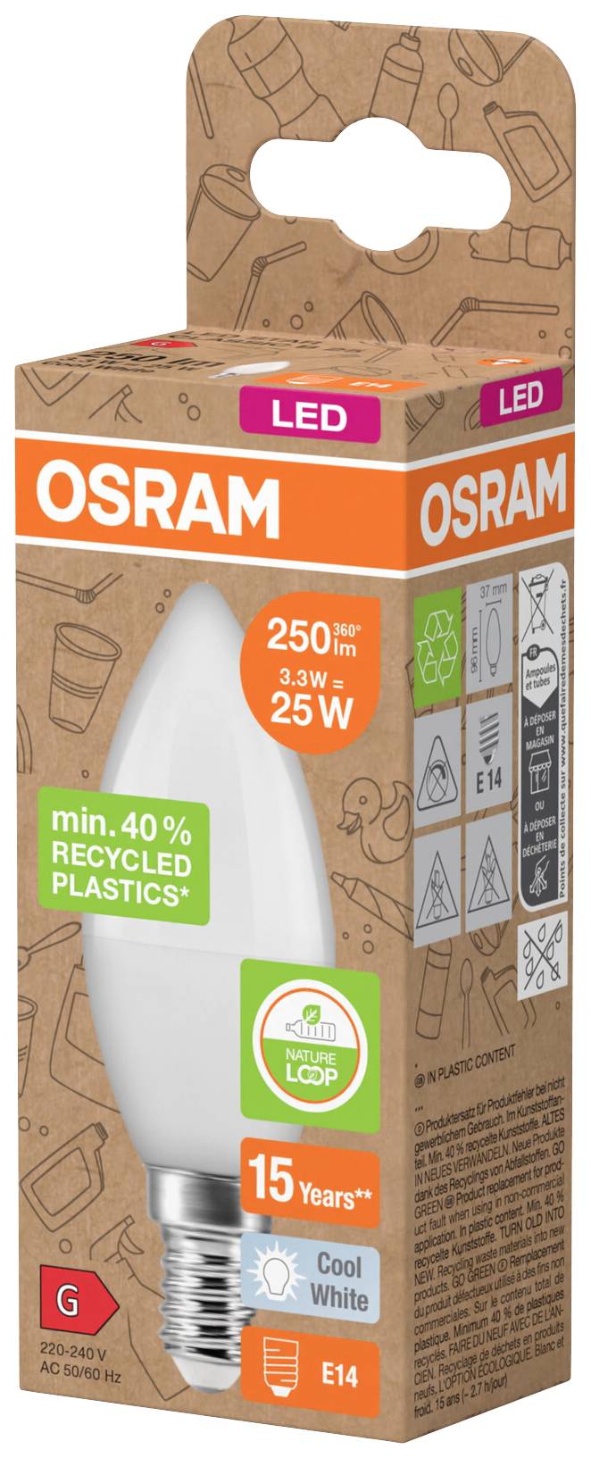 LED žárovka v obalu od Osramu. 250 lm, 3,3W, náhrada za 25W. Patice E14, studená bílá. Obal vyrobený z 40% recyklovaného plastu.