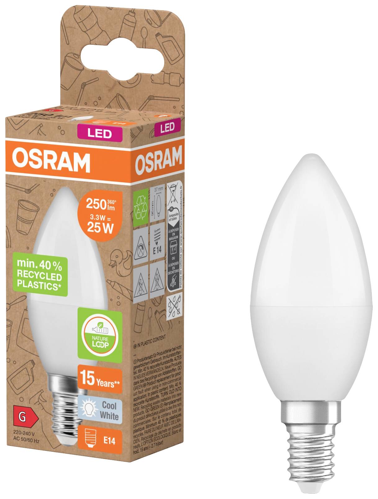 LED žárovka značky OSRAM s paticí E14, 250 lumenů, energetická třída G, 3,3 W, v obalu vyrobeném z 40 % recyklovaného plastu.