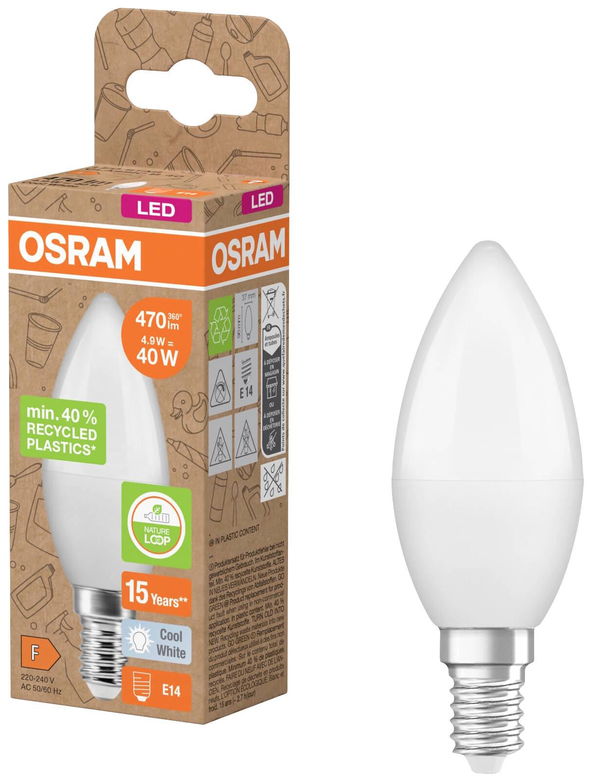 'OSRAM LED žárovka, 470 lm, 4,9 W, ekvivalent 40 W, patice E14, studená bílá, min. 40% recyklovaného plastu, životnost 15 let, energetická třída F'