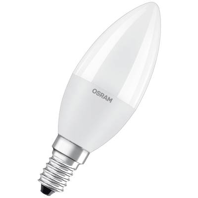 LED žárovka značky Osram ve tvaru svíčky s paticí E14, vhodná pro použití v lustrech a dekorativních svítidlech.