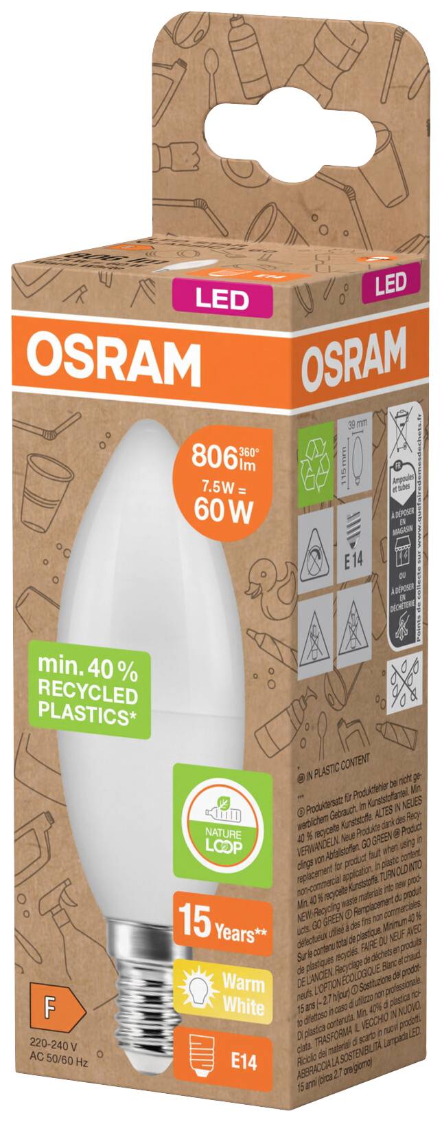 LED žárovka Osram zobrazuje detaily jako 806 lm, 7,5 W odpovídá 60 W, teplé bílé světlo, patice E14, 40 % recyklovaného plastu.