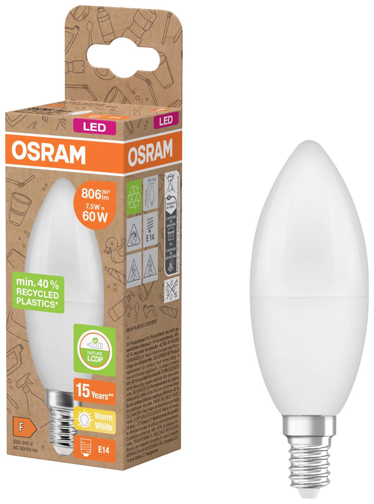 LED svíčková žárovka od Osramu s obalem. 806 lumenů, 7,5 W, náhrada za 60W žárovku, patice E14. Obal obsahuje informace o recyklaci.