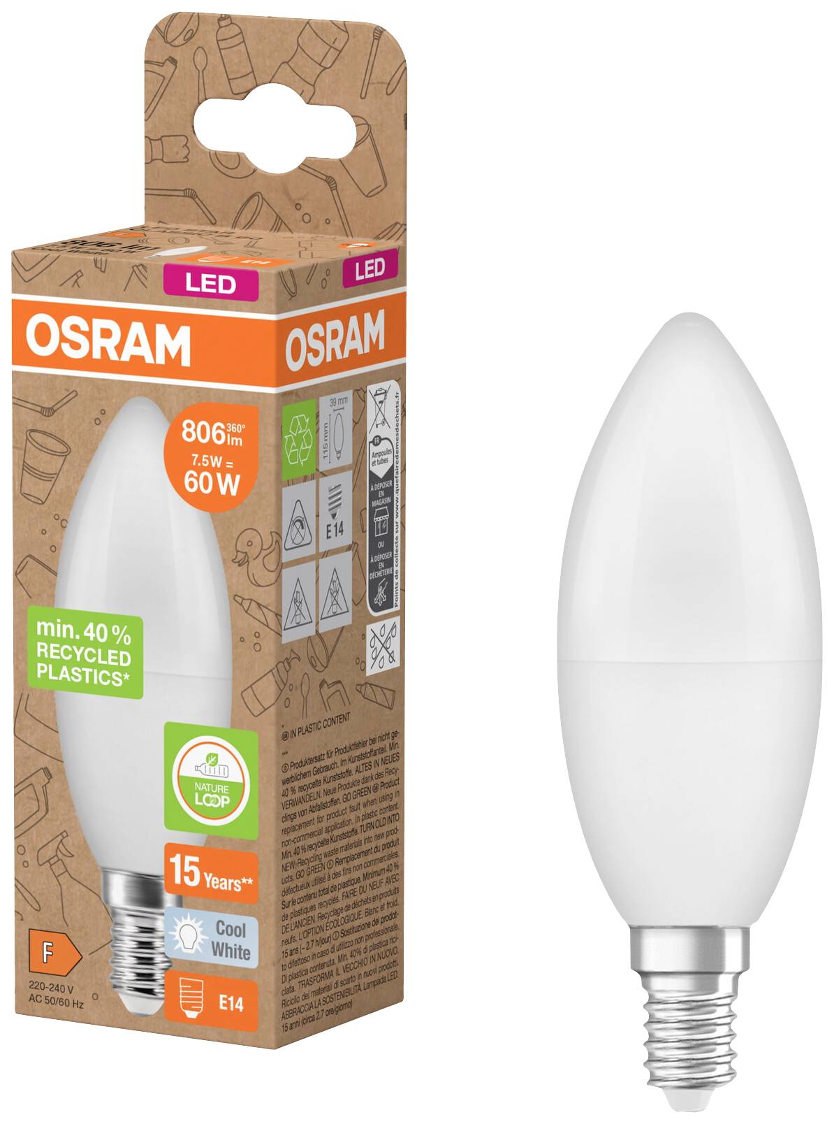 Obal LED žárovky uvádí: Značka, Energetická třída F, 806 lm, 7,5W nahrazuje 60W, 40% recyklovaných materiálů, patice E14.
