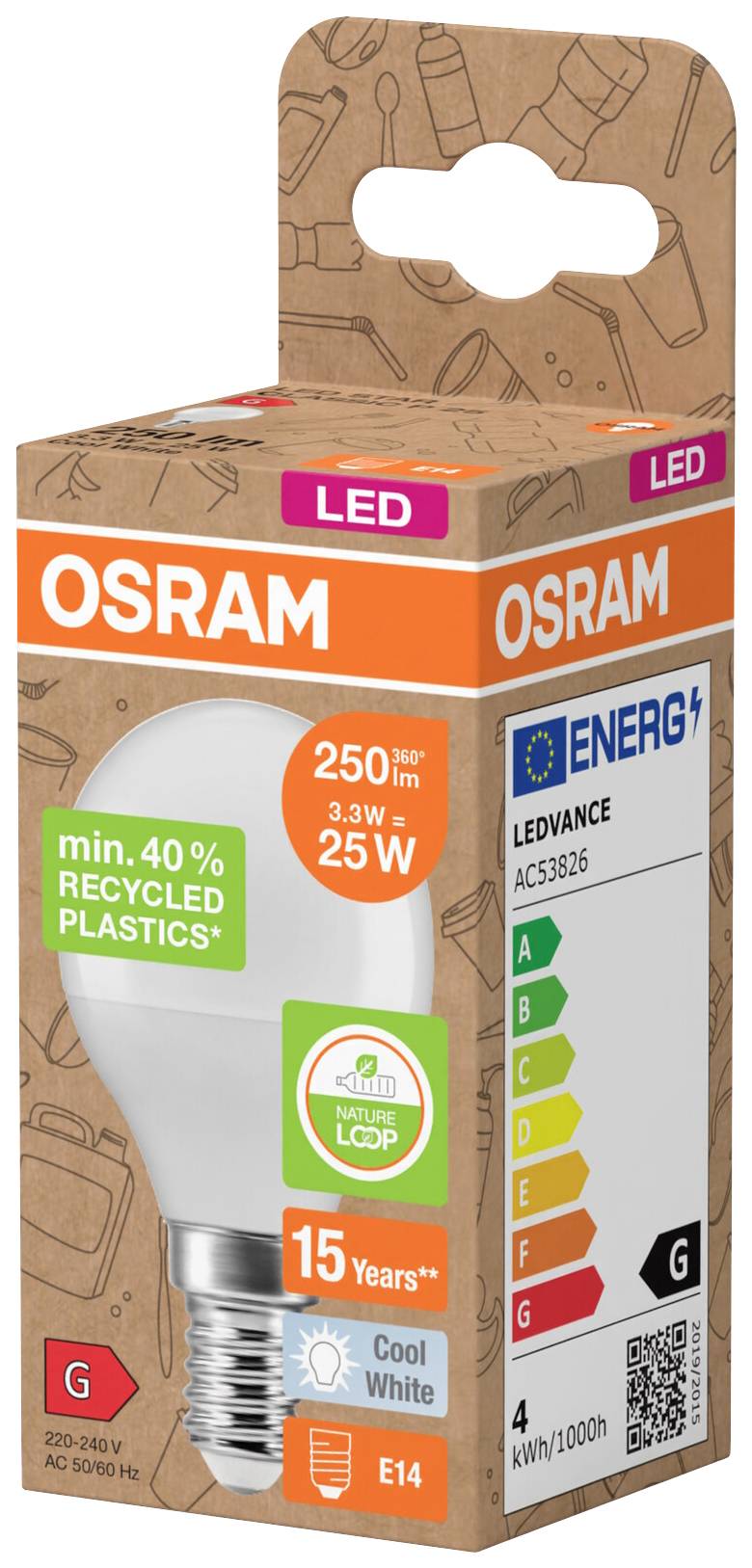 Balení LED žárovky se 250 lumeny, 25 wattů, energetická třída G. Obsahuje recyklovaný plast. Značka: OSRAM, patice: E14.