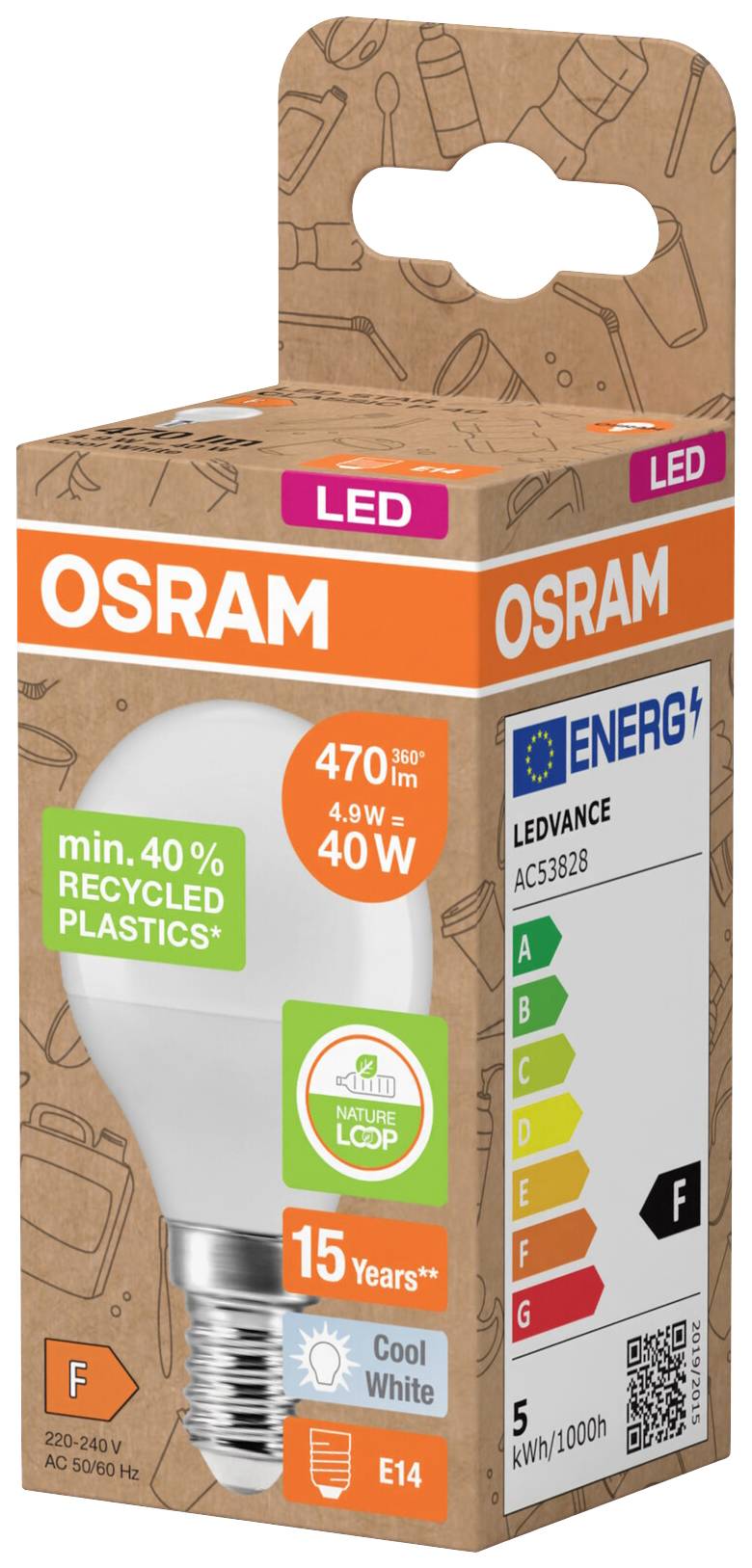 LED žárovka 470 lm, 4,9 W, ekvivalent 40 W. Třída energetické účinnosti F. Balení vyrobeno z minimálně 40 % recyklovaného plastu.