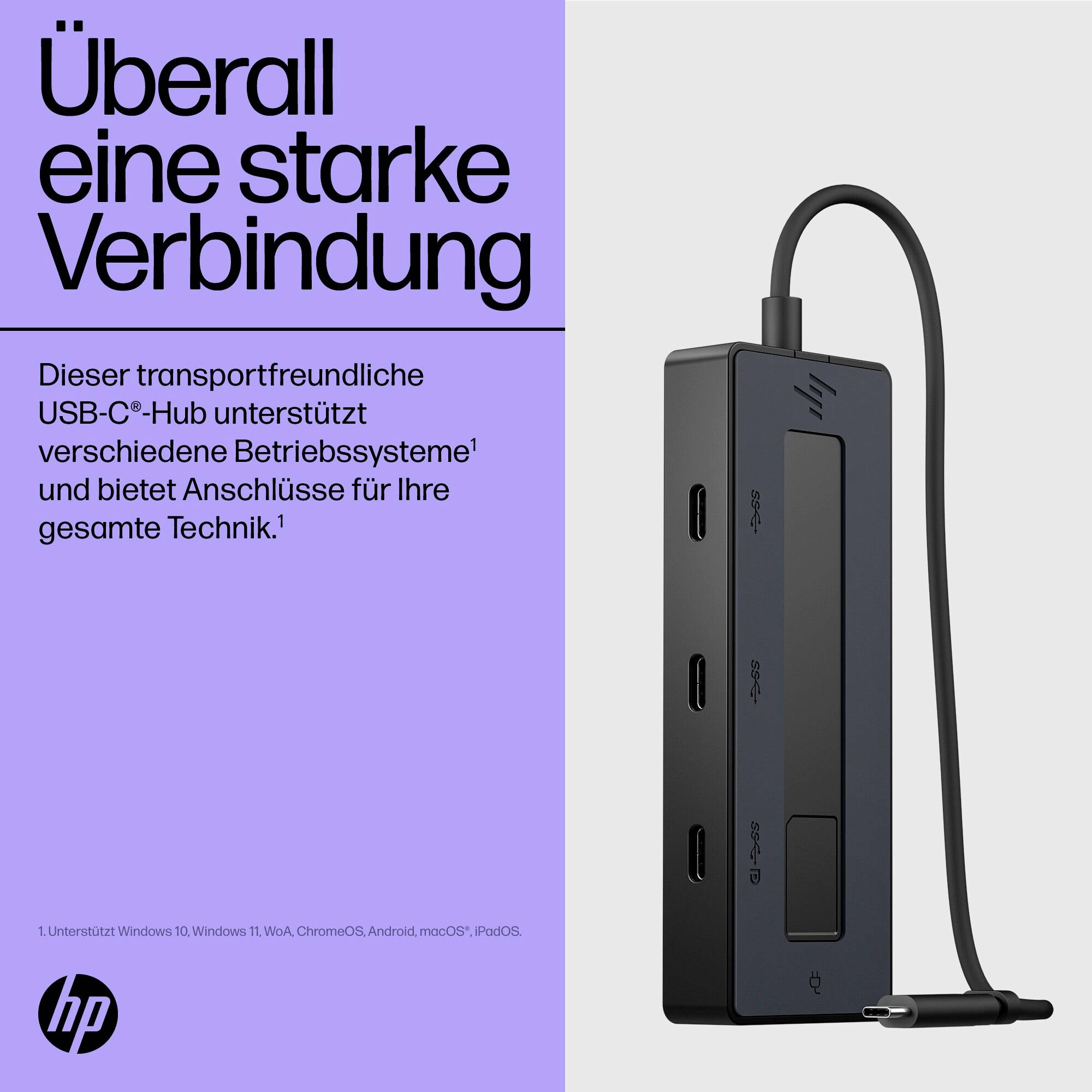 Černý USB-C hub s více porty je propagován. Text: 'Spolehlivé připojení kdekoliv'. Logo dole.