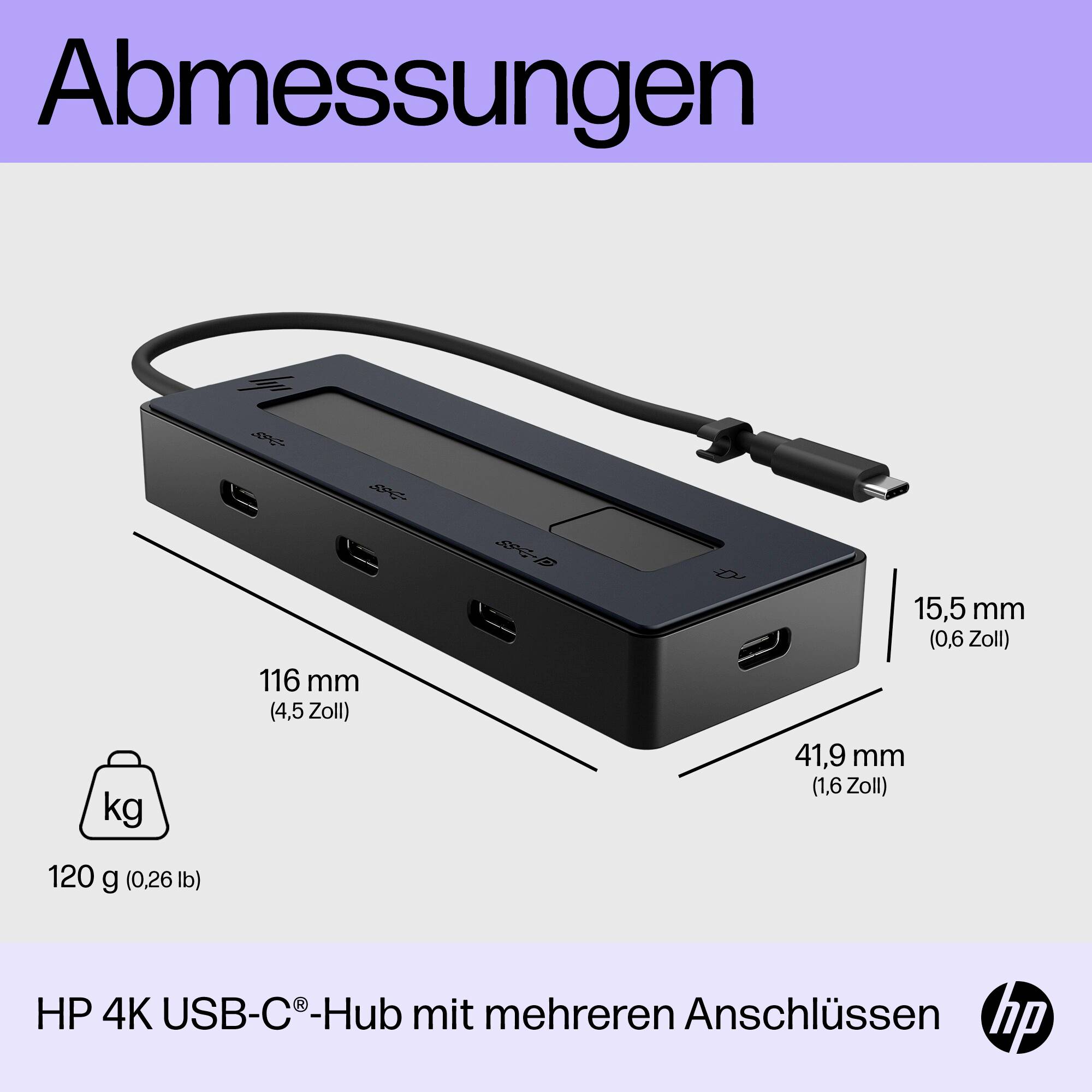 Černý USB-C hub s několika porty. Rozměry: 116 x 41,9 x 15,5 mm, hmotnost: 120 g.