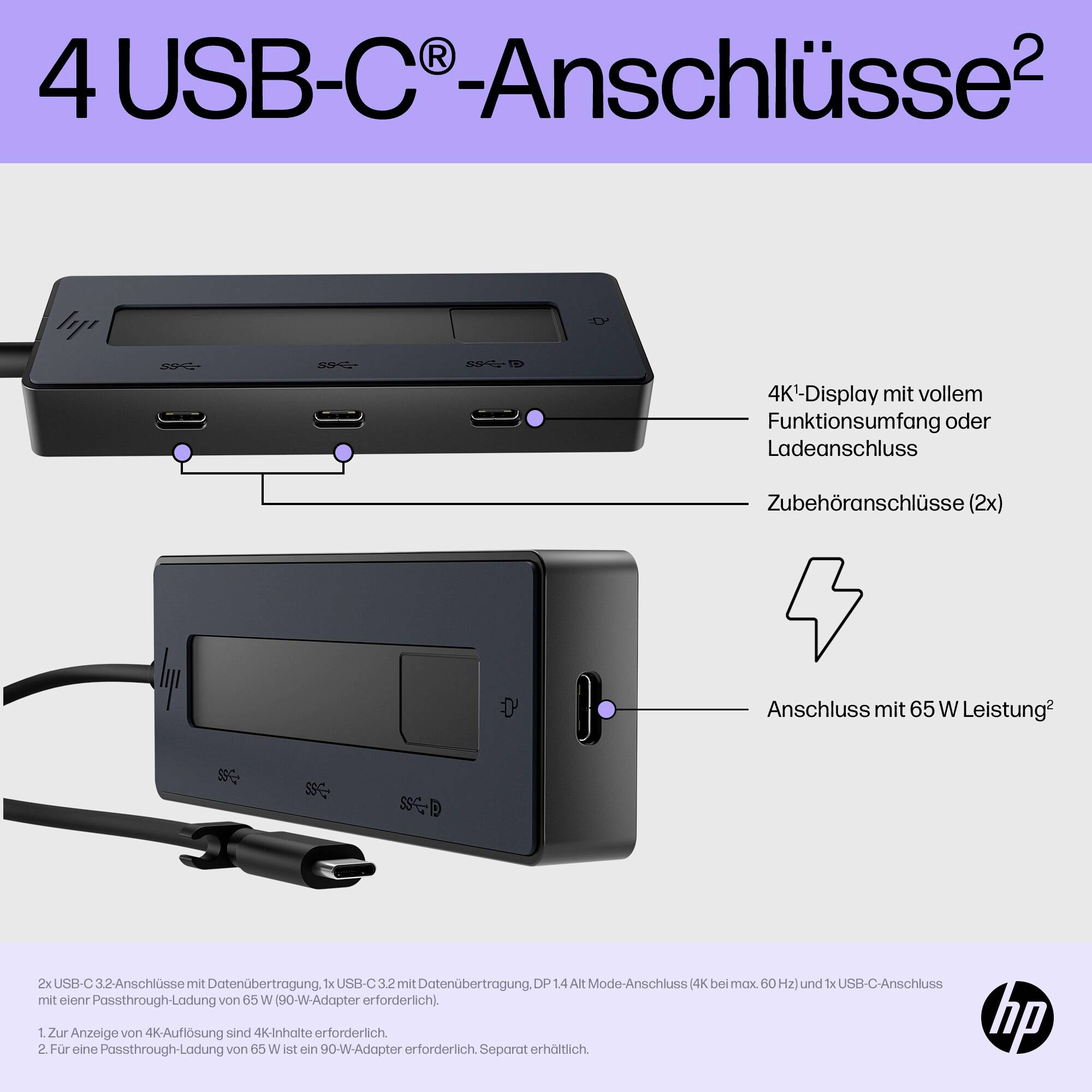 Dokovací stanice se 4 USB-C® porty, 2 pro displej s plnou funkcionalitou/nabíjením, 2 pro příslušenství. Včetně 65W napájecího adaptéru.