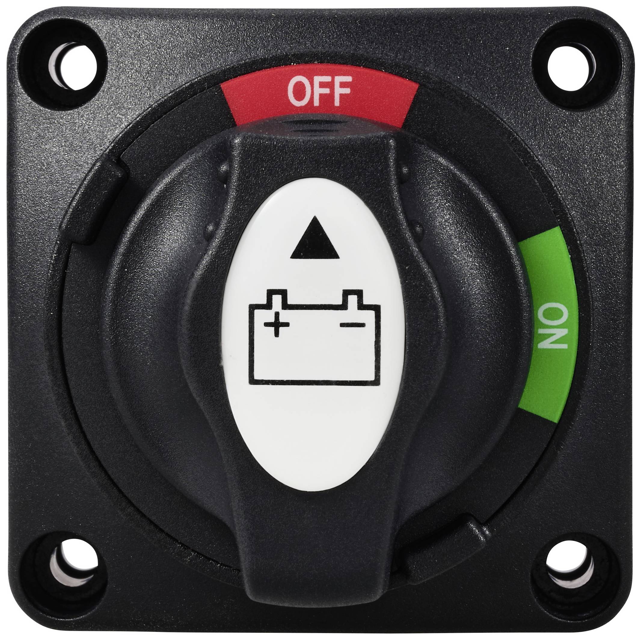 Černý elektrický spínač ukazuje 'OFF' červeně nahoře a 'ON' zeleně vpravo. Uprostřed se nachází symbol baterie.