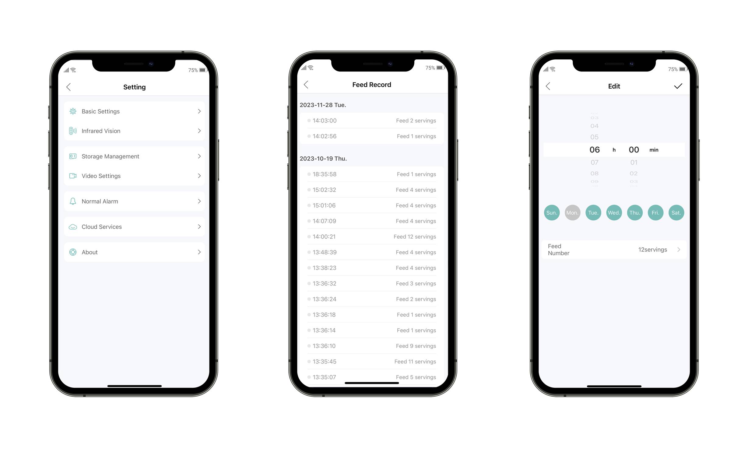 Tři smartphonové obrazovky zobrazují nastavení, záznamy krmení a možnosti úprav aplikace pro krmení zvířat.