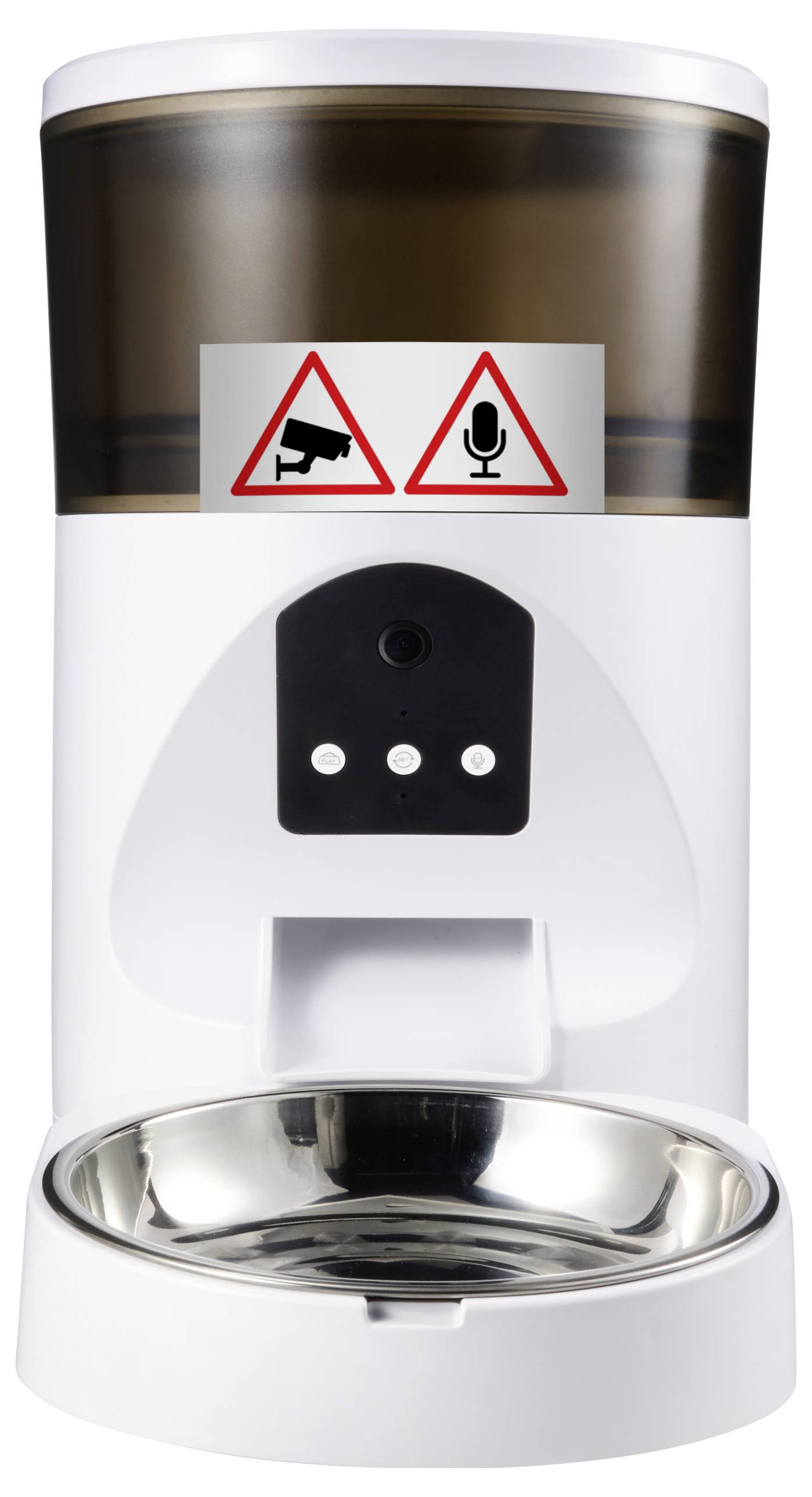 Bílý automatický dávkovač krmiva s ikonami kamery a mikrofonu. Horní krmná komora je průhledně hnědá.