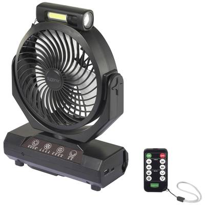 Přenosný ventilátor s LED osvětlením a dálkovým ovládáním. Ventilátor je černý, má ovládací tlačítka a dva USB porty.