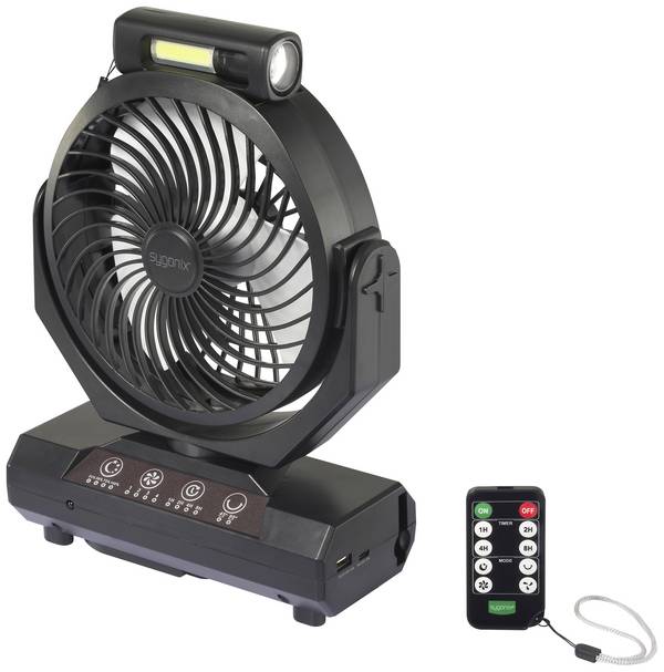 Sygonix  Akumulátorový ventilátor  4.6 W (Ø) 205 mm černá možné napájení z akumulátru, s osvětlením, otočný, s dálkovým ovládáním, stavová LED, s časovačem, možná montáž na zeď