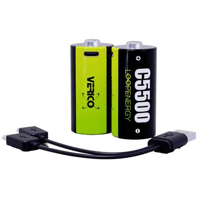 Dvě dobíjecí baterie s USB portem, jedna v zelené barvě s nápisem 'Verico', druhá v černé barvě s nápisem 'Loop Energy C5500'.