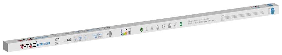 LED trubice V-TAC v dlouhém, obdélníkovém obalu potištěném technickými detaily a symboly.