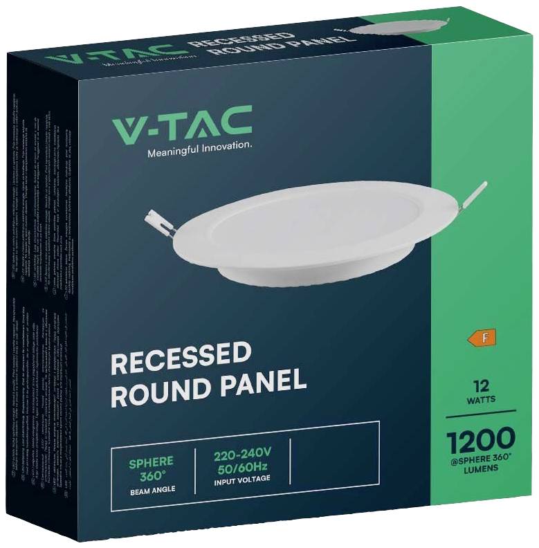 Balení vestavěného kulatého panelu 'V-TAC', 12 wattů, vhodný pro 220-240V, světelný tok 1200 lumenů. Úhel vyzařování 360 stupňů. Energetická třída F.