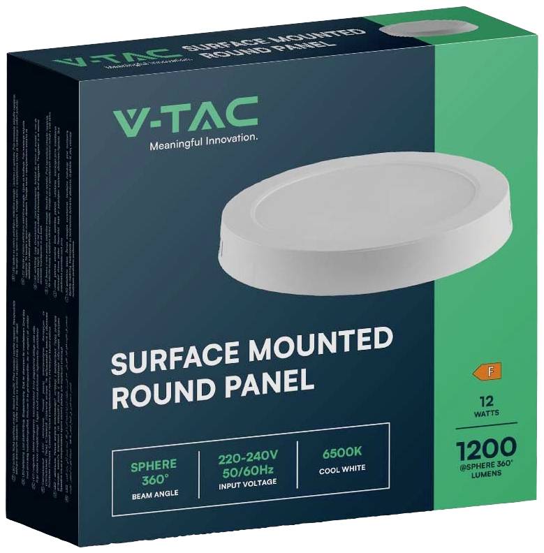 Balení stropního panelu V-TAC. Zobrazuje kulatý panel pro povrchovou montáž. 12 wattů, 1200 lumenů, 6500K, úhel osvitu 360°.
