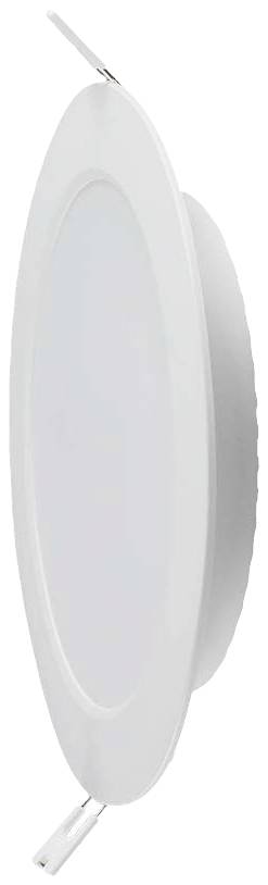 Kulatá LED vestavná lampa v bílé barvě s plochým designem, s bočními úchyty pro upevnění. Ideální pro moderní, minimalistické interiéry.