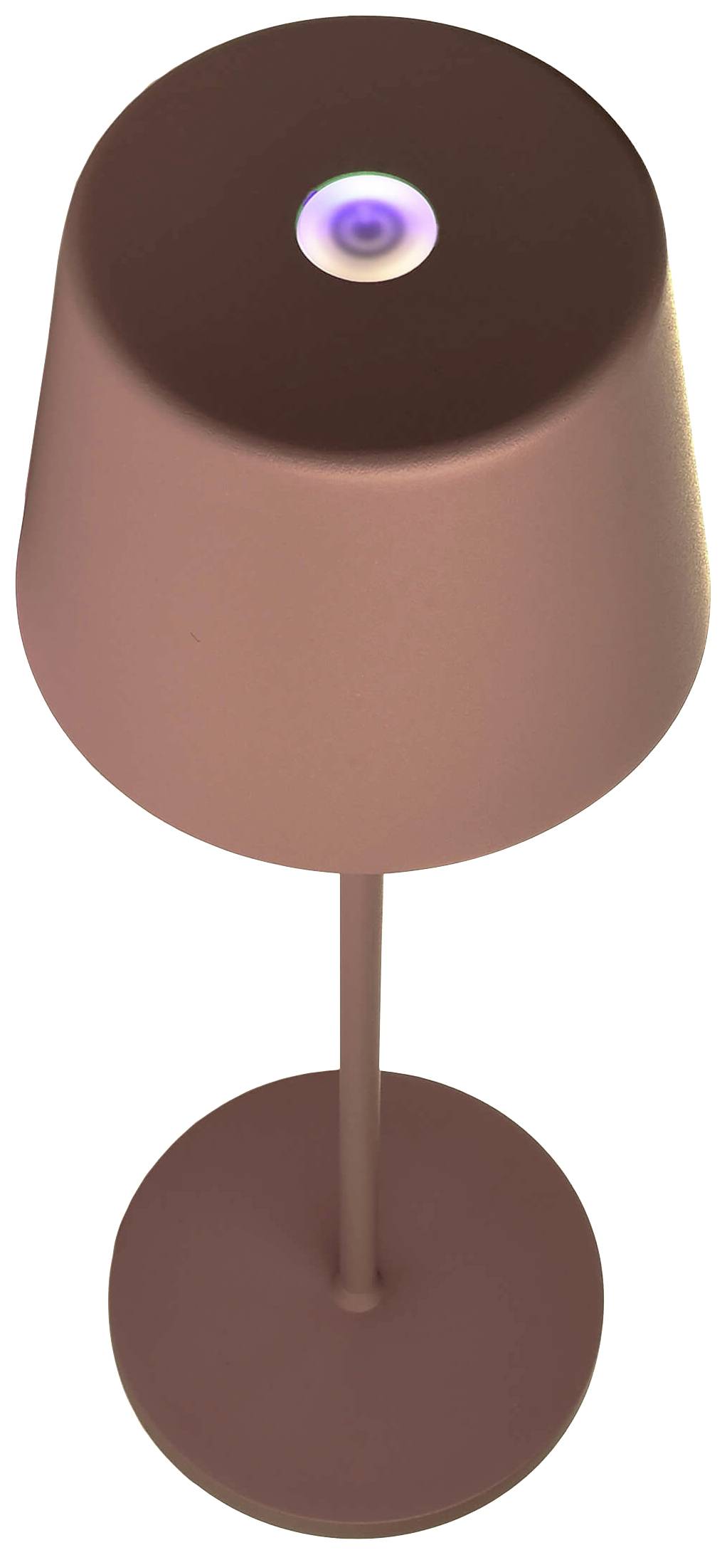 Moderní, minimalistická stolní lampa v červené barvě s hladkým kulatým stínítkem a podstavcem, stojící vzpřímeně před bílým pozadím.