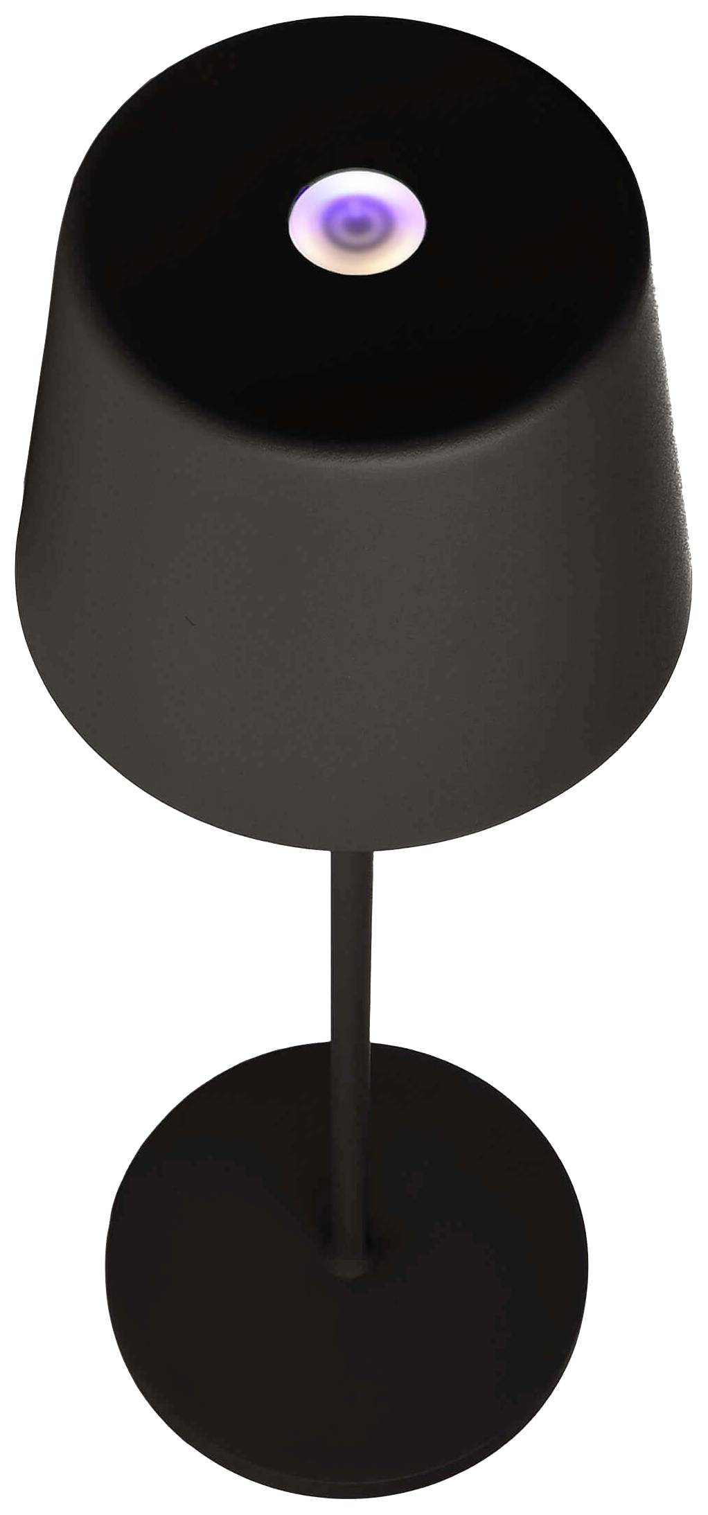 Černá stolní lampa s válcovým stínidlem, fialovým světlem nahoře a kulatou základnou. Moderní design.