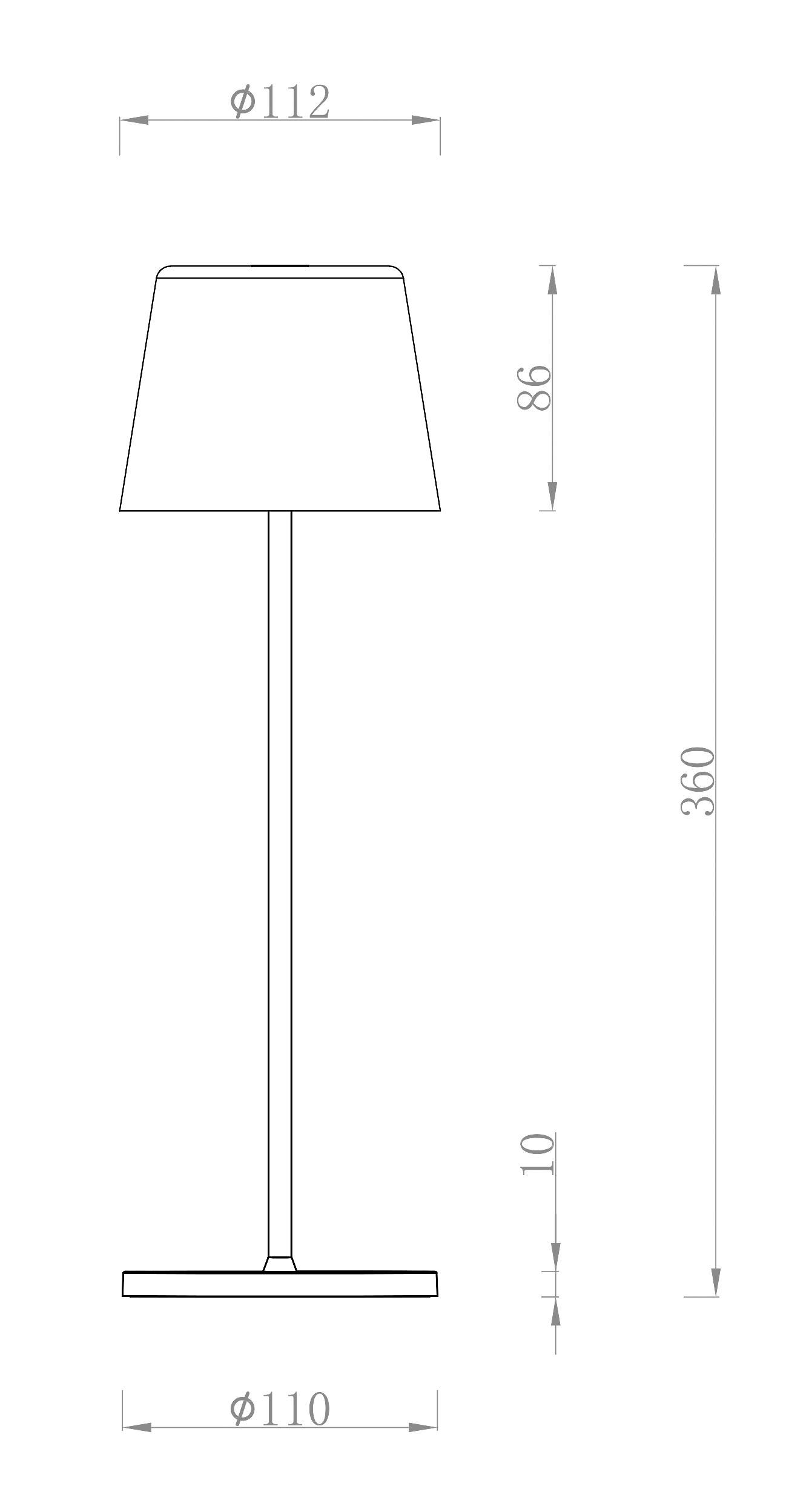 Technický výkres stojací lampy s rozměry: celková výška 360 cm, stínidlo 86 cm vysoké a 112 cm v průměru, podstavec 110 cm v průměru.