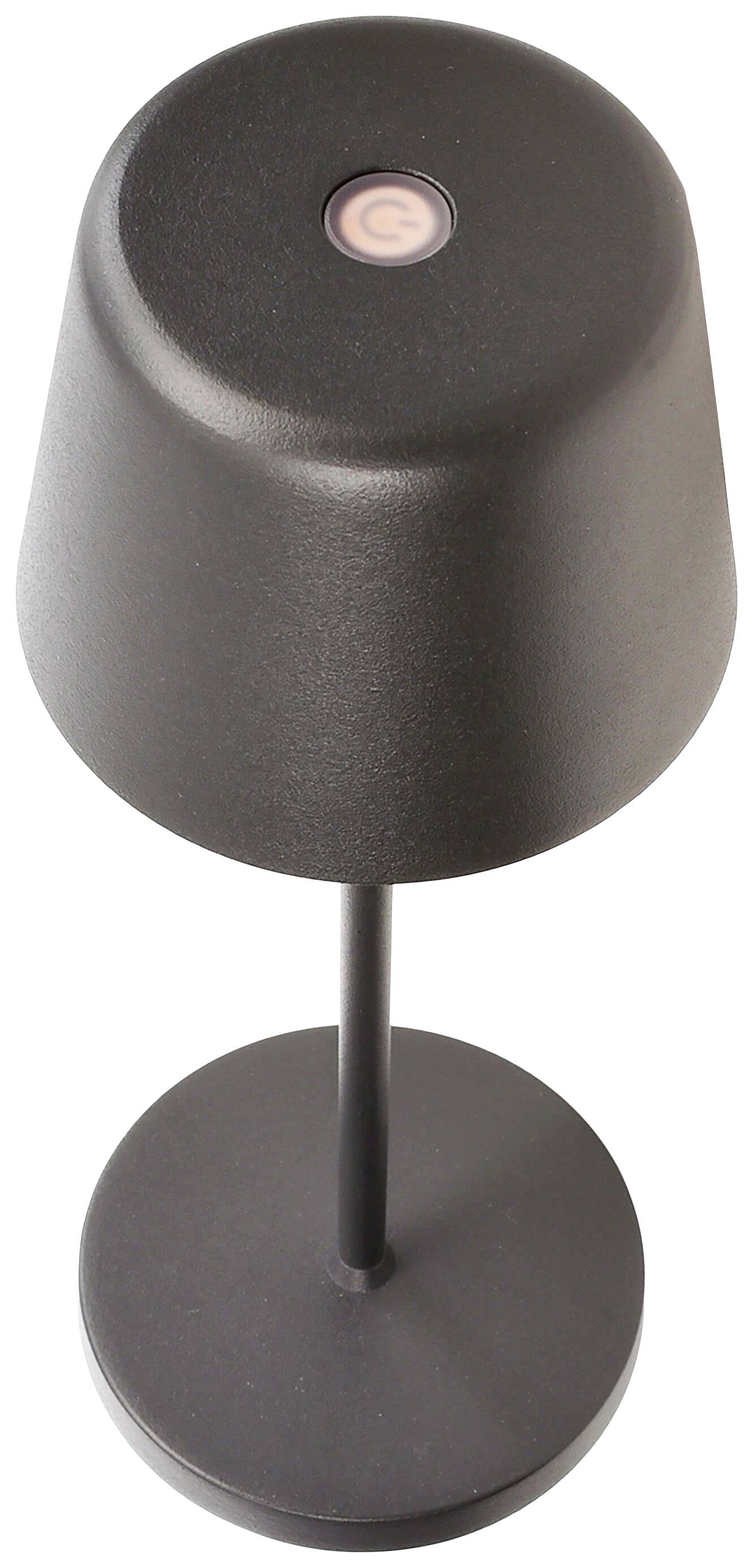 Černá stolní lampa s kruhovým vypínačem na horní straně. Štíhlý, moderní design.
