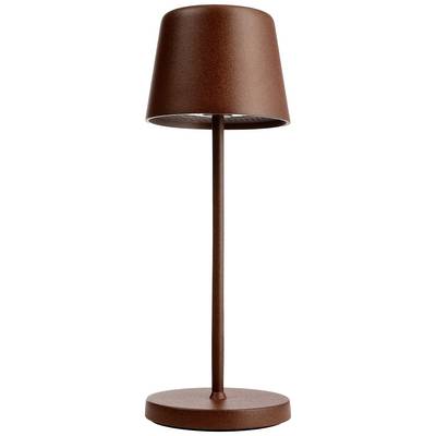 Hnědá stojací lampa s úzkým stojanem a kónickým stínidlem. Moderní, minimalistický styl.