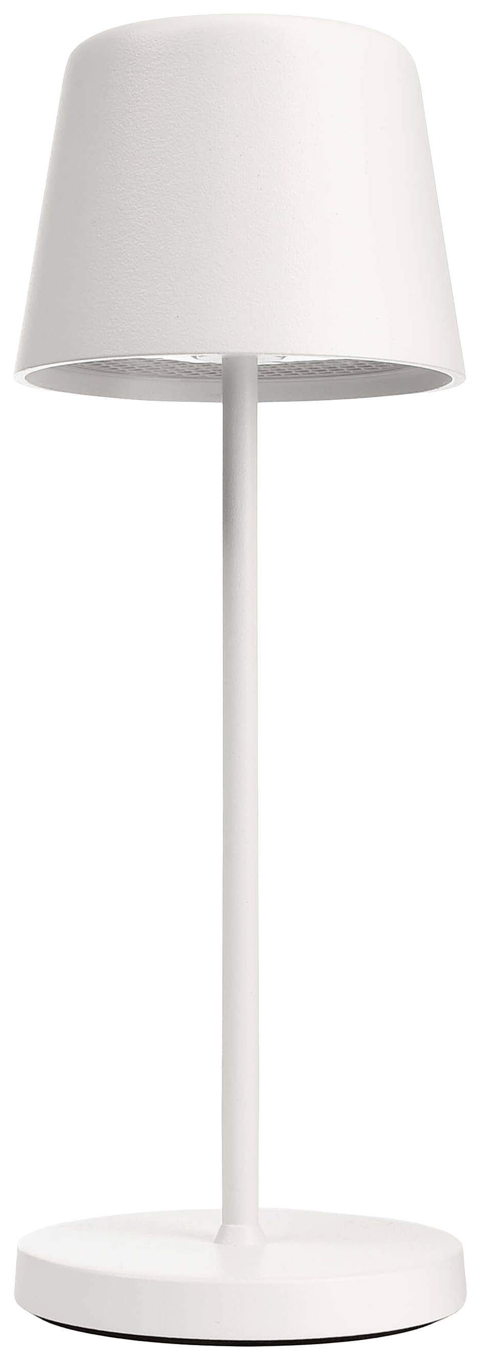 Bílá stolní lampa s válcovým stínidlem a stabilní základnou, vhodná pro moderní interiéry.