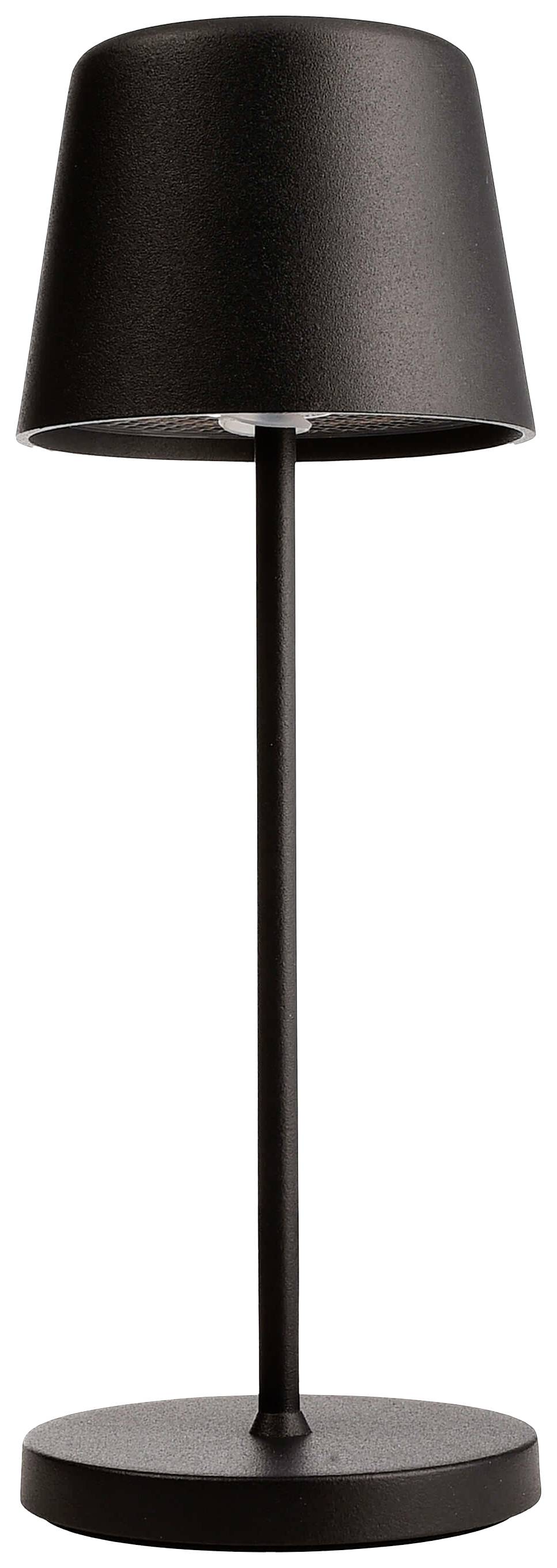 Černá stolní lampa s jednoduchým, moderním designem, válcovým stínidlem a kulatou základnou, ideální pro minimalistické interiéry.