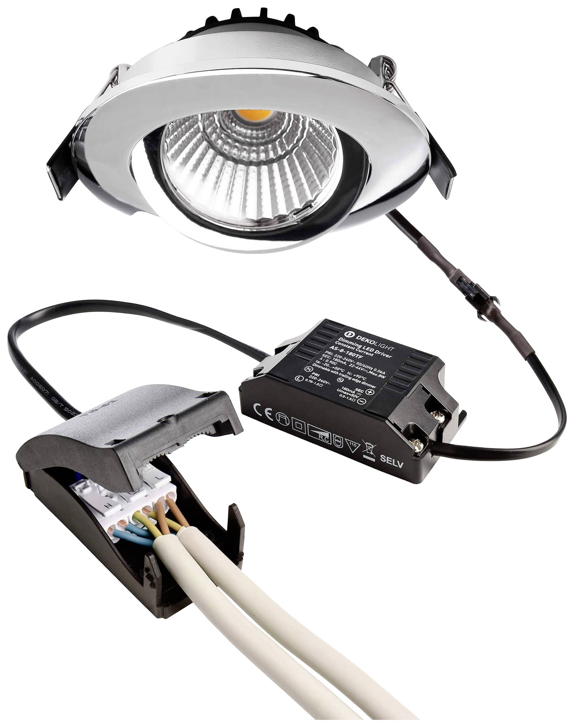 Sada vestavných reflektorů skládající se z LED reflektoru, připojovacích svorek a transformátoru. Vhodné pro montáž do stropu, třída energetické účinnosti A+.