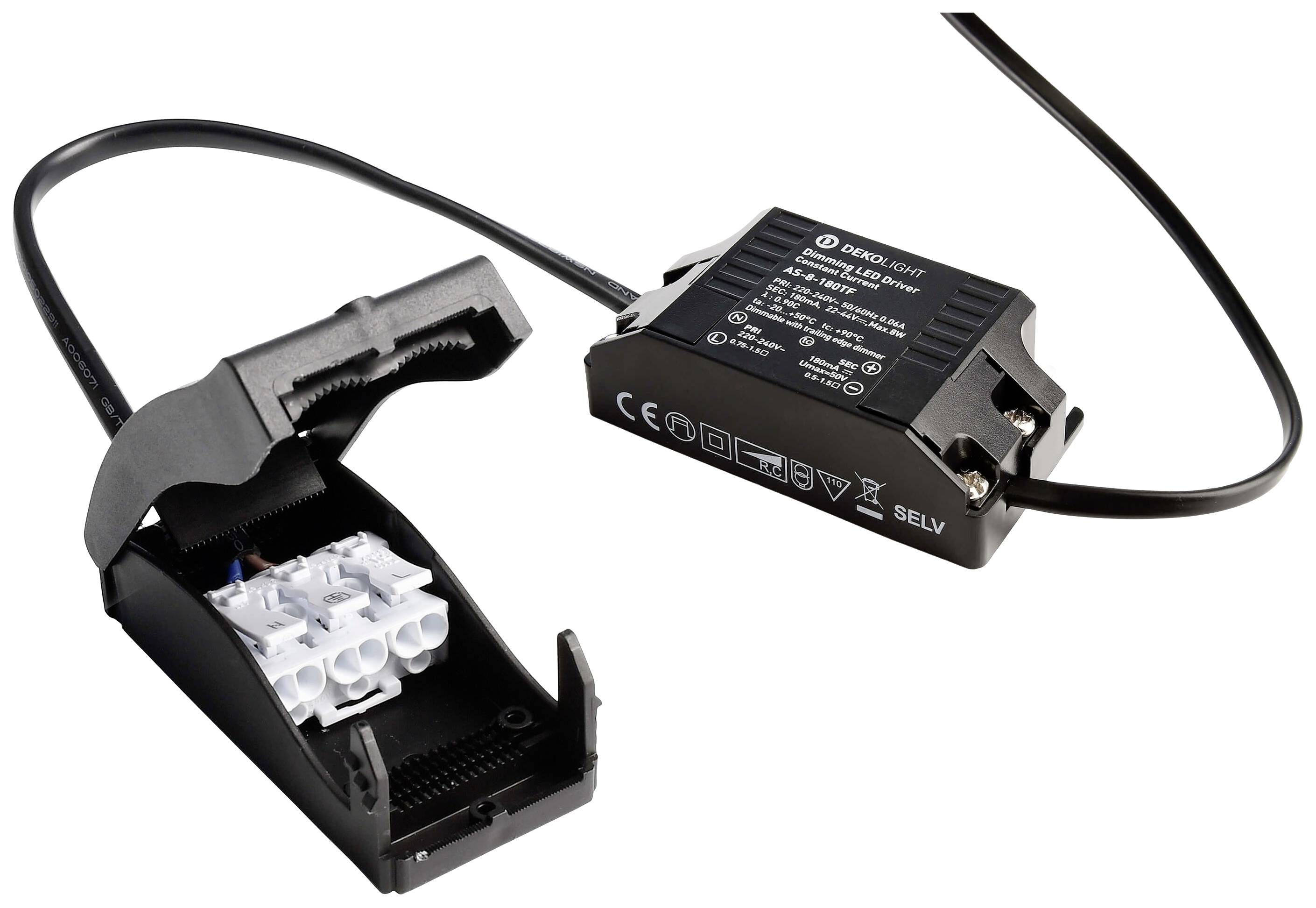 Černý LED driver s připojovací svorkou a kabelem. Na driveru jsou viditelné technické symboly a informace.