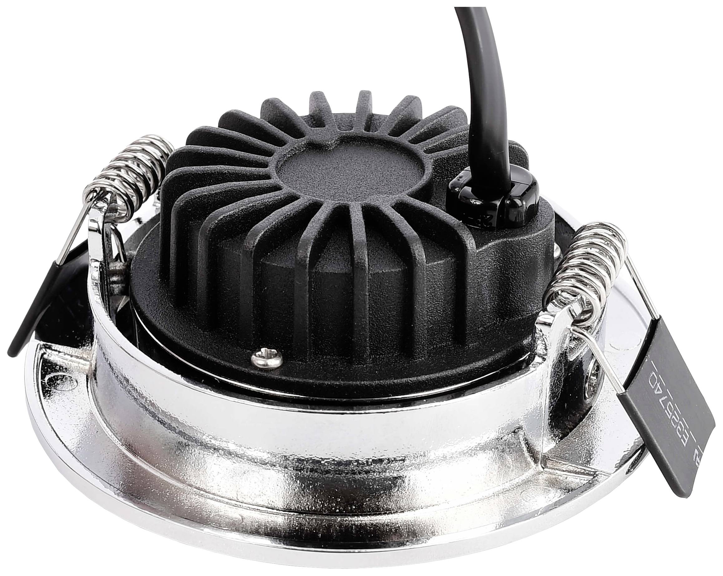 Kulatý LED reflektor v kovovém pouzdře, s kabelem vedoucím nahoru a dvěma pružinovými svorkami po stranách.