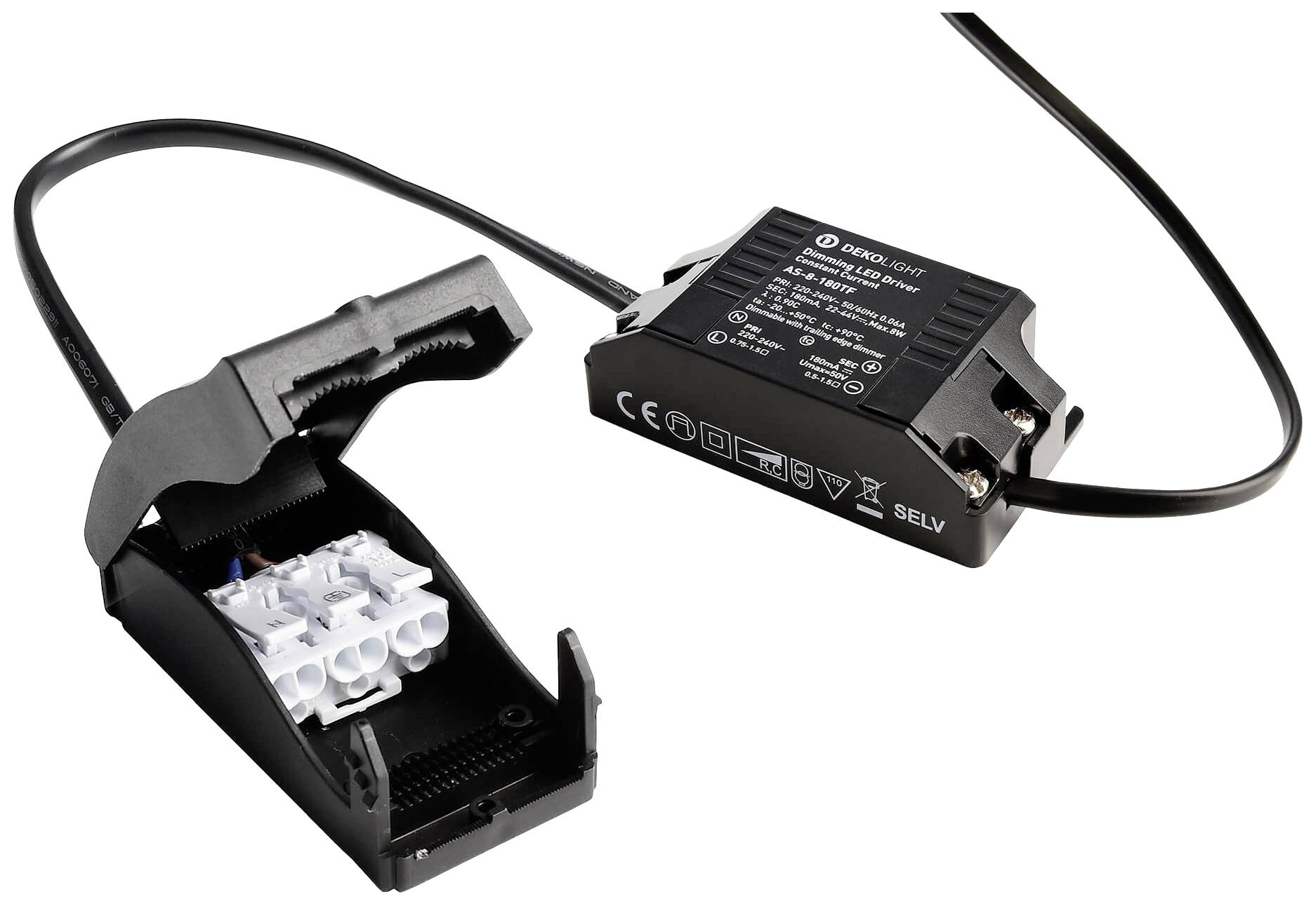 LED driver s otevřeným připojovacím boxem, viditelné jsou kabely a svorky. Vhodný pro nízkonapěťové LED systémy.