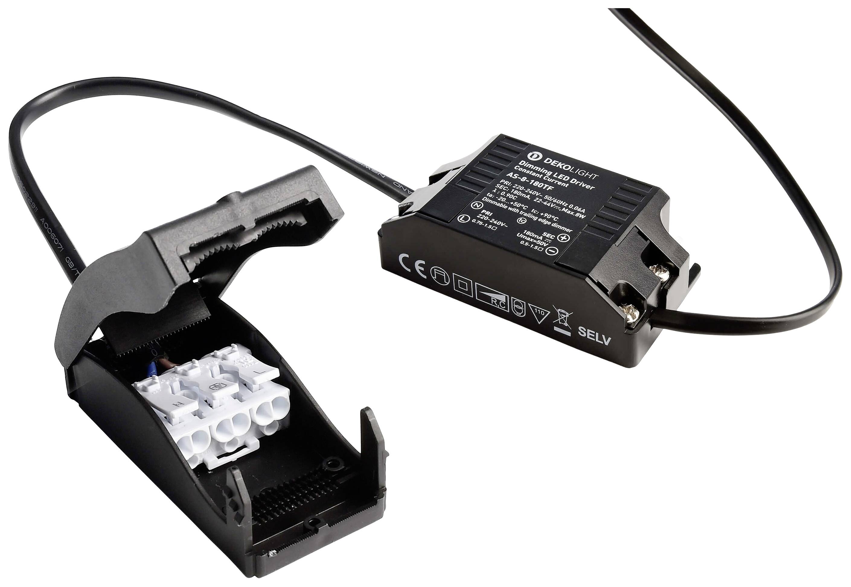 Napájecí svorkovnicový blok Sattel s kabely, vhodný pro instalaci LED osvětlení. Obsahuje připojovací svorky a černé kryty.