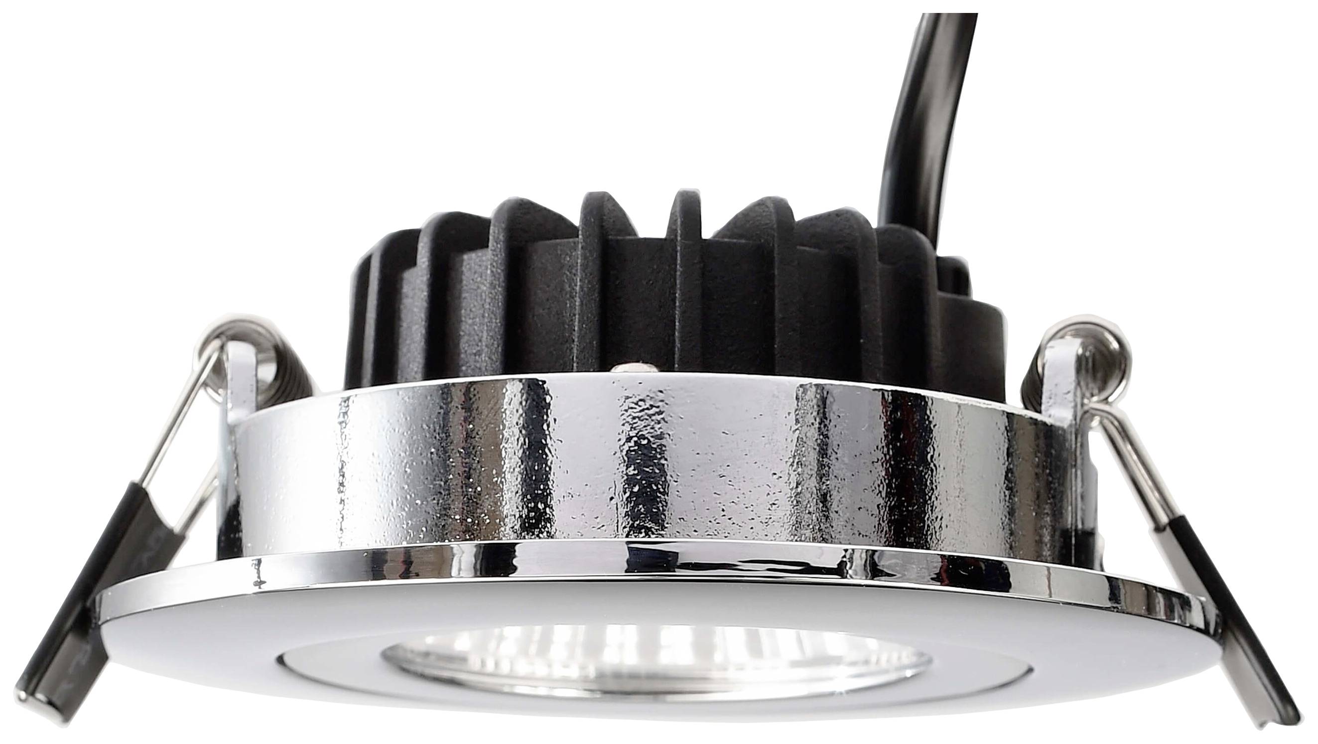 Kulatá vestavná LED lampa v kovovém pouzdře s černým chladičem a kabelem.