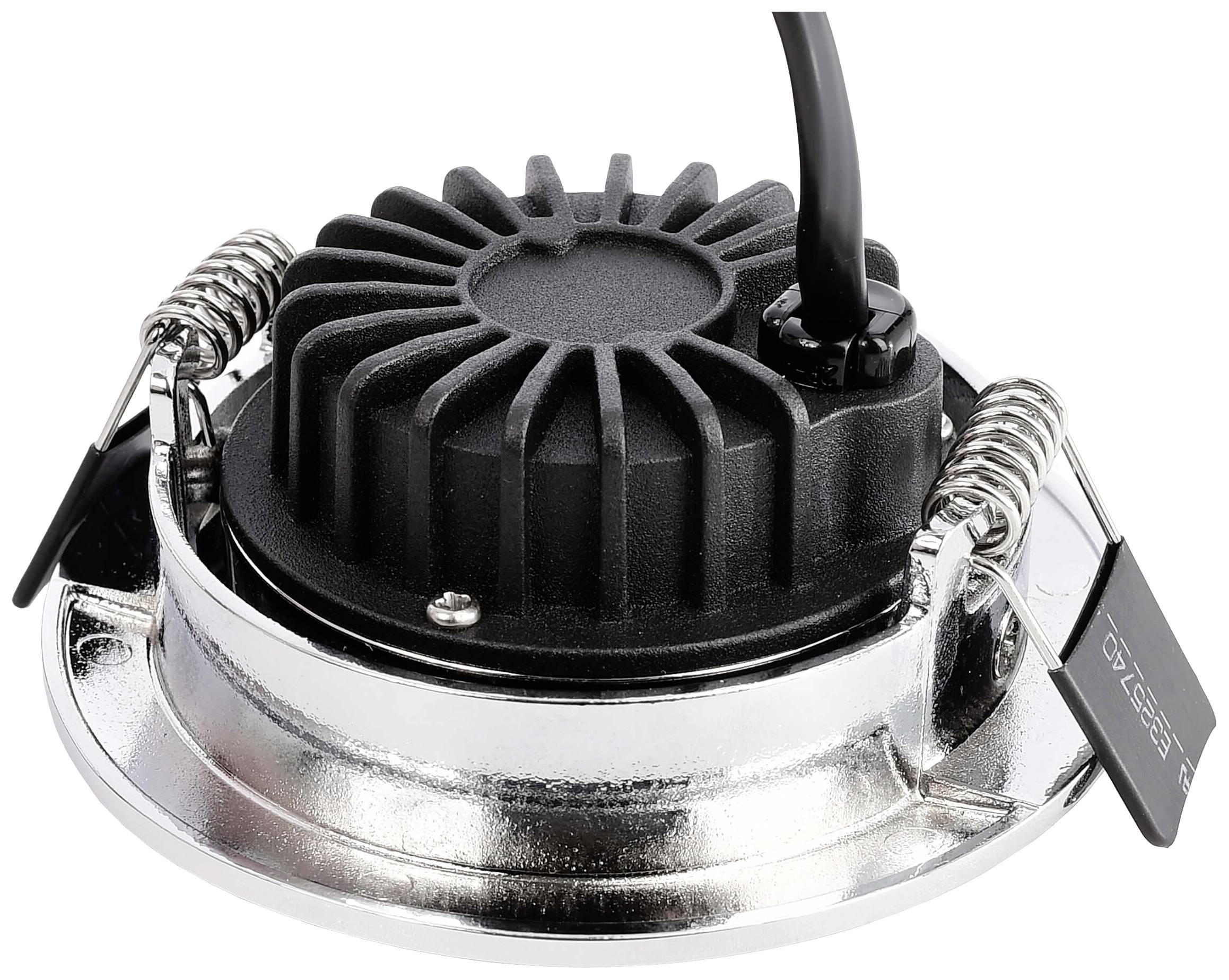 Kulatý LED reflektor pohledem shora, se dvěma pružinovými svorkami pro upevnění. Je viditelné černé kabelové připojení.