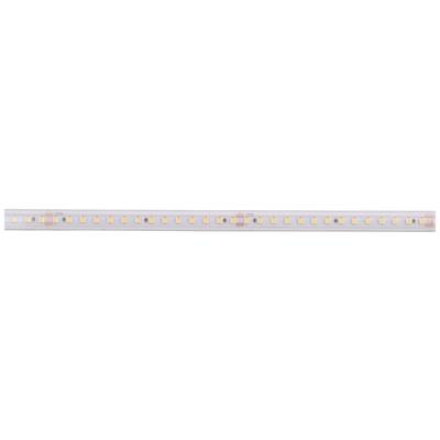 LED pásek s několika žlutými světly rovnoměrně rozmístěnými podél bílé desky plošných spojů.