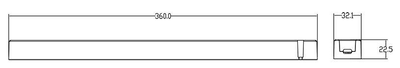 Technický výkres obdélníkového nosníku. Délka 3600 mm, výška 32 mm, šířka 22,5 mm. Znázorňuje rozměry a proporce.