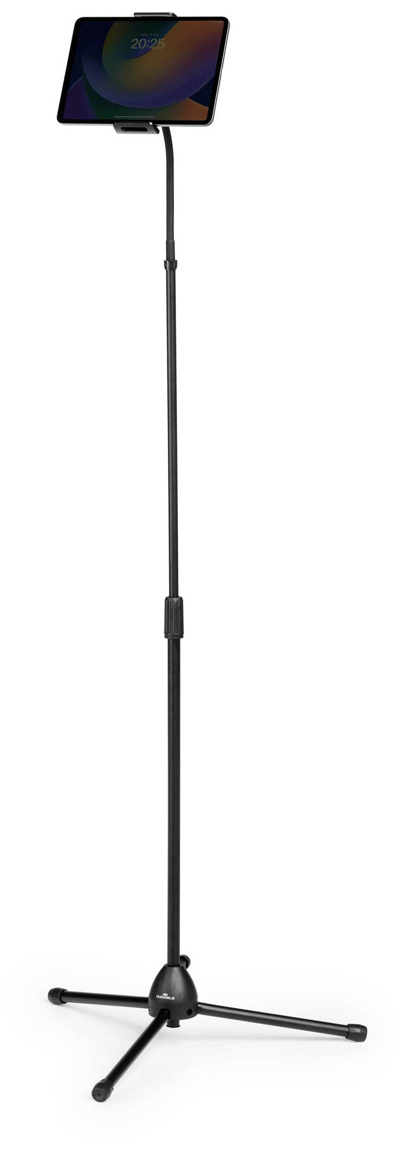 Stojan s připevněným tabletem nahoře, ideální pro prezentace nebo sledování videí ve vzpřímené poloze.