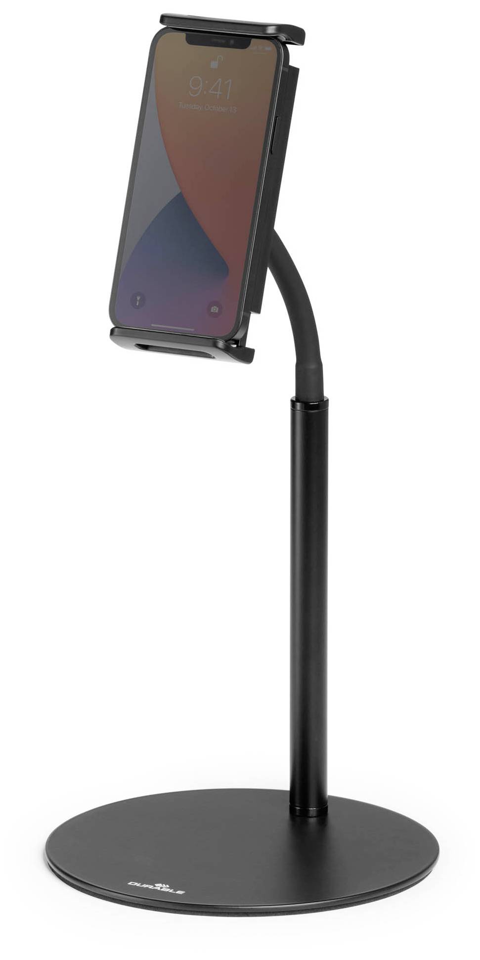 Černý stojan na telefon s nastavitelným ramenem drží smartphone ve svislé poloze. Ideální pro bezrukové používání na pracovních stolech.
