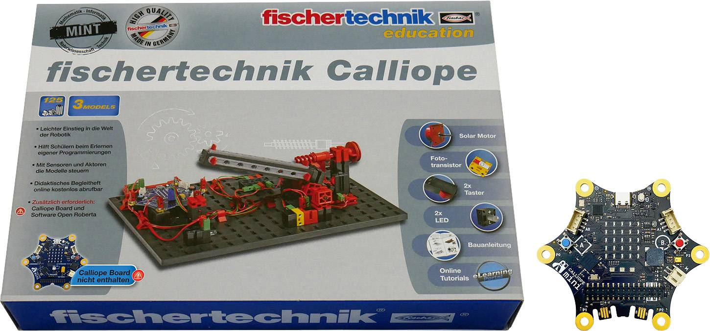 Stavebnice 'Fischertechnik Calliope': Obsahuje solární motor, fotosenzor, klávesnici a LED. Ideální pro programovací a elektronické projekty.