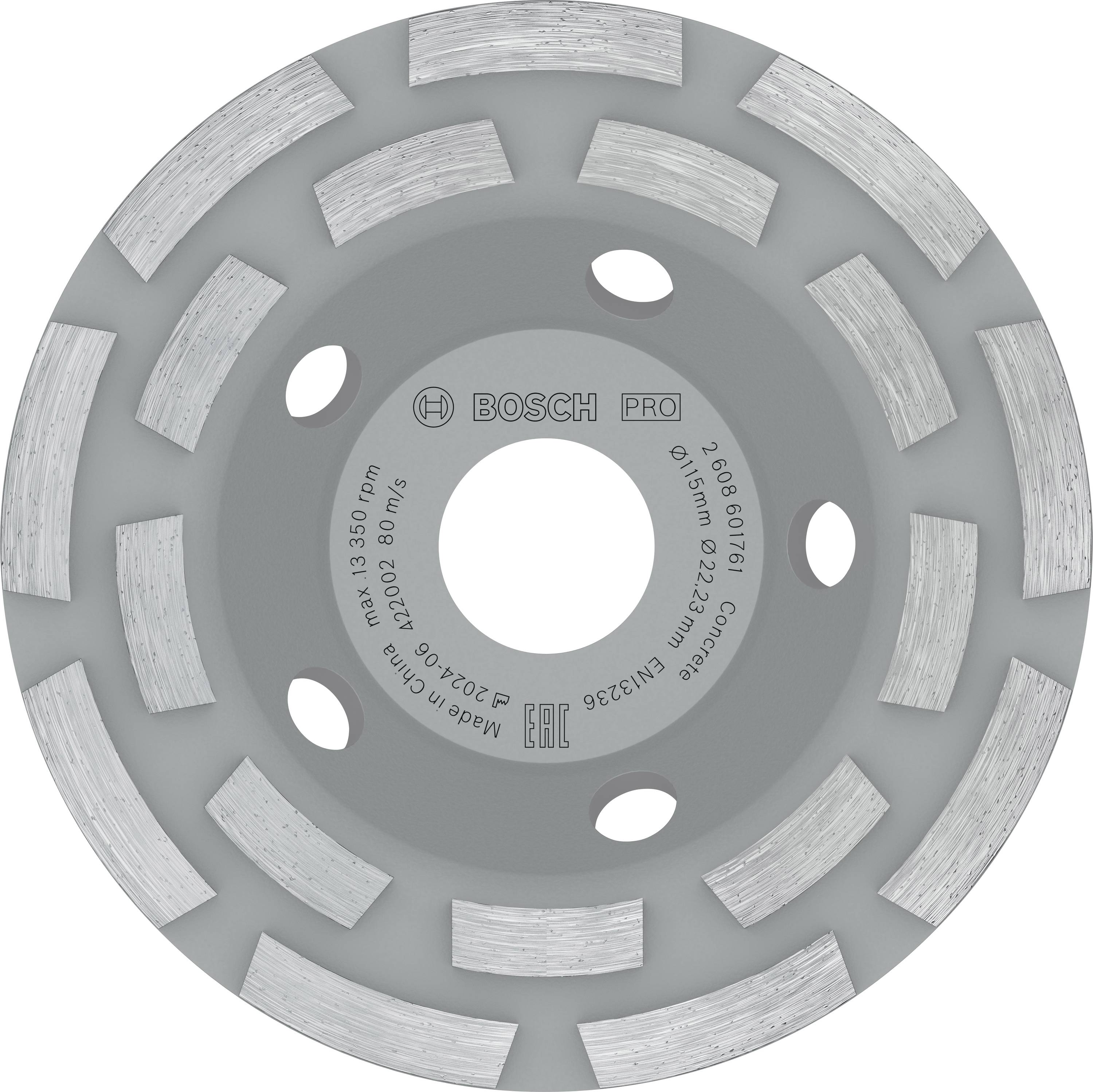 Diamantový brusný kotouč 'Bosch Pro', šedý, se stříbrnými segmenty. Popis: 115 mm, 222,23 mm, EN13236, 23060, 80 m/s.