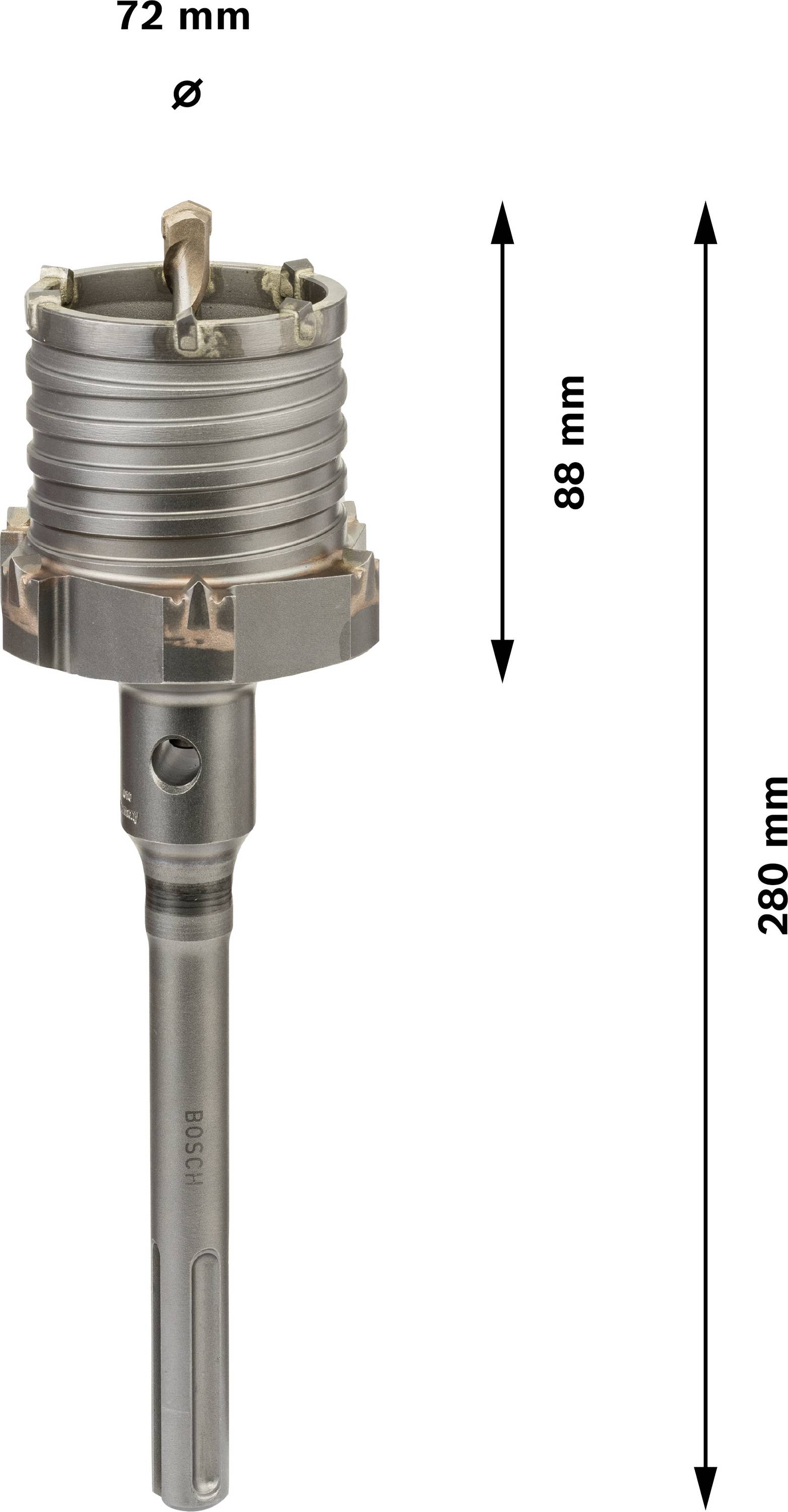 Vrtací korunka s průměrem 72 mm a délkou 280 mm, zobrazuje technickou specifikaci s podrobnými rozměry.