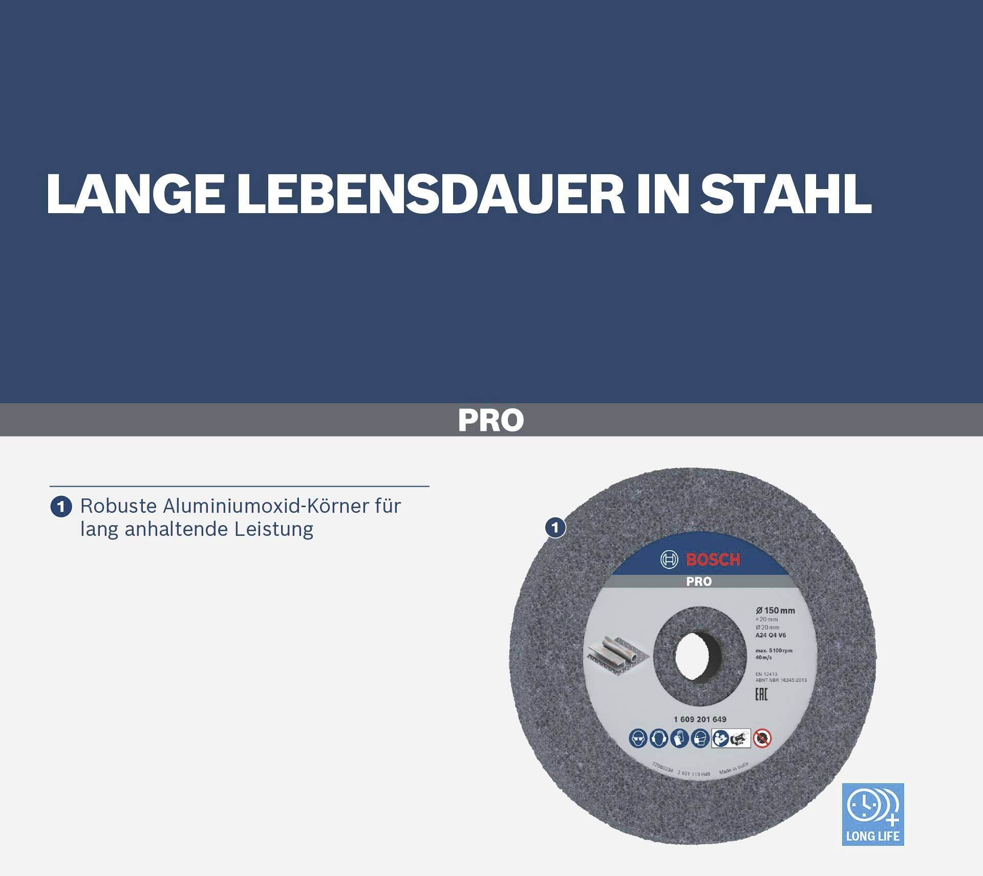 'Bosch Pro' brusný kotouč; Text nahoře: 'Dlouhá životnost v oceli'; Vlastnost: Robustní zrna oxidu hlinitého pro dlouhotrvající výkon.