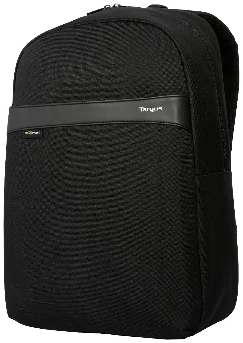 Černý batoh s hladkým povrchem s nápisem 'Targus' a 'EcoSmart'. Batoh je zobrazen ve vzpřímené poloze.