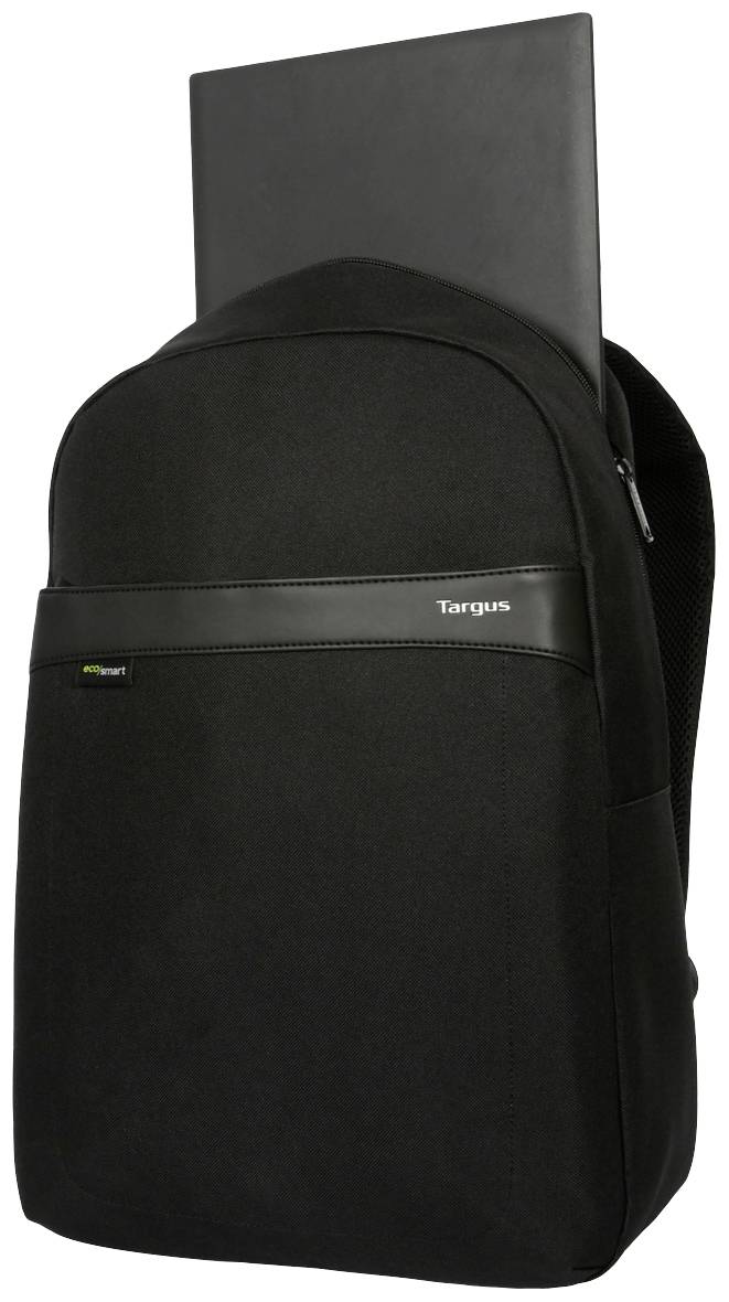 Černý batoh s kapsou na notebook, vhodný pro laptop, název značky vytištěný malým písmem na přední straně.
